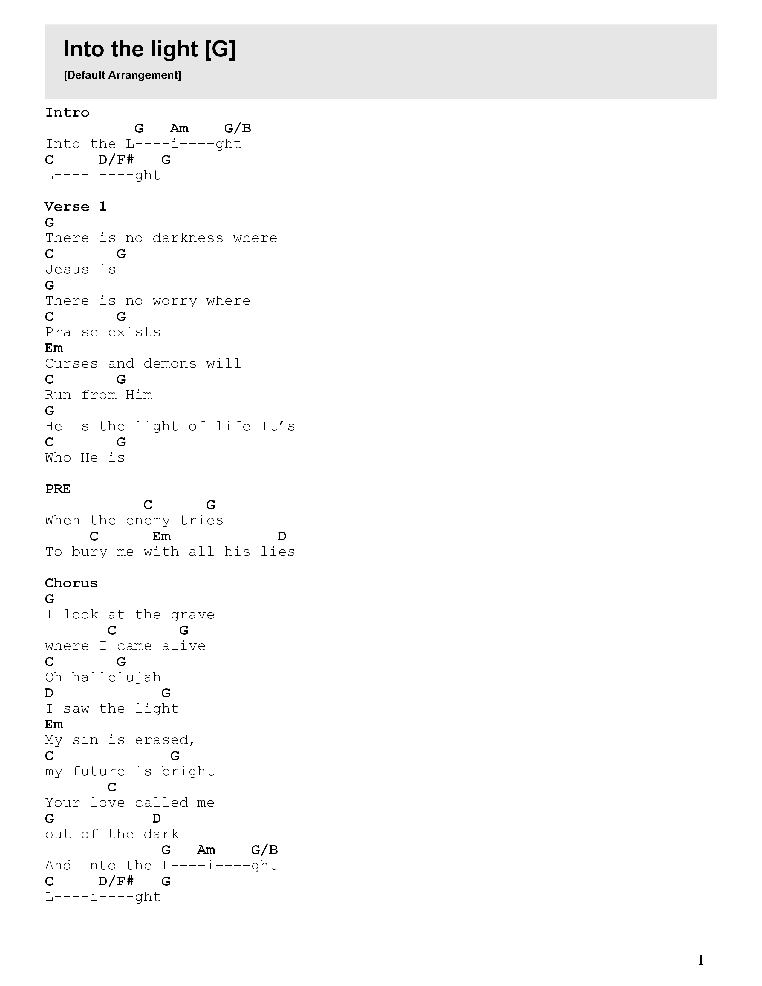 Into The Light Chord Chart (Jonathan Turner)
