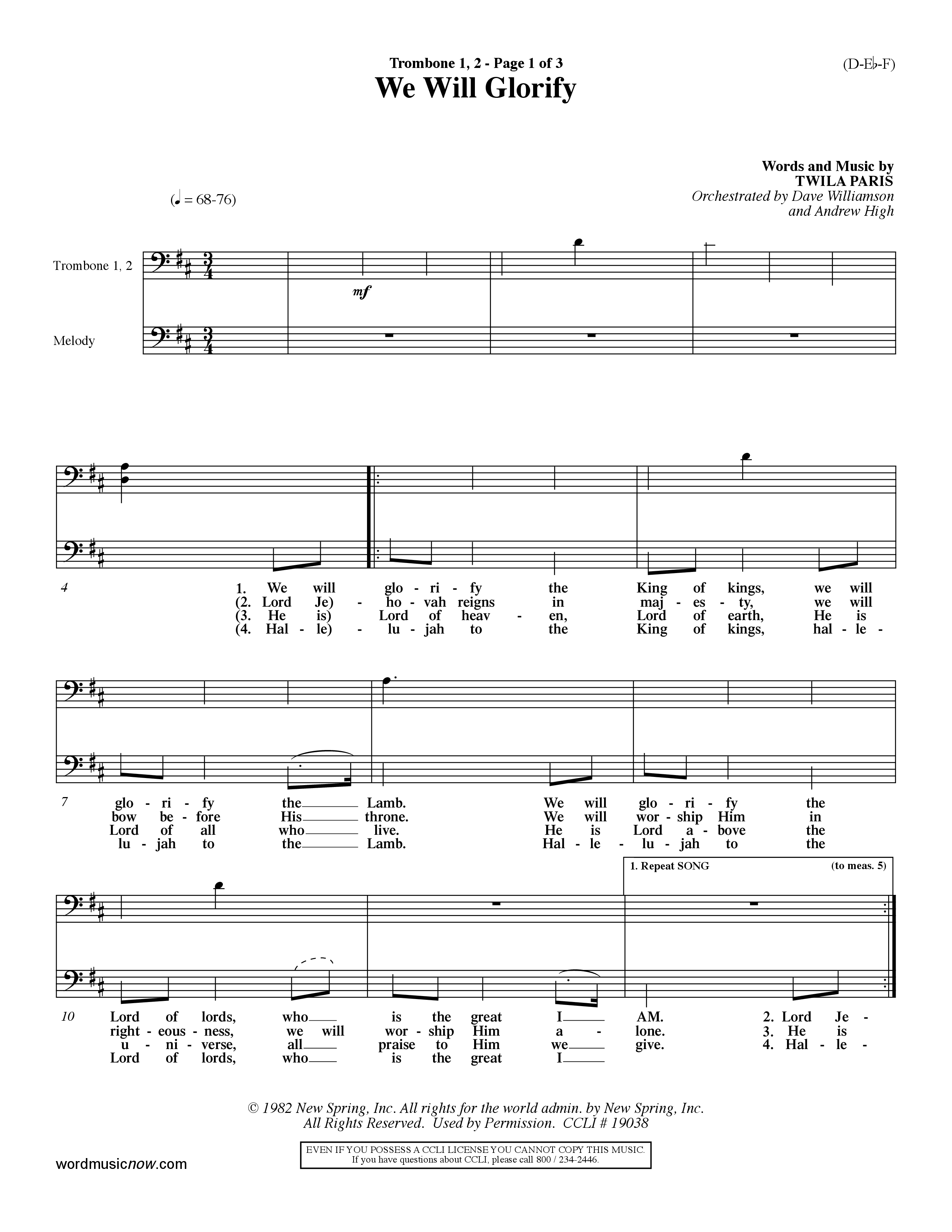 We Will Glorify (Choral Anthem SATB) Trombone 1/2 (Word Music Choral / Orch. Dave Williamson / Orch. Andrew High)
