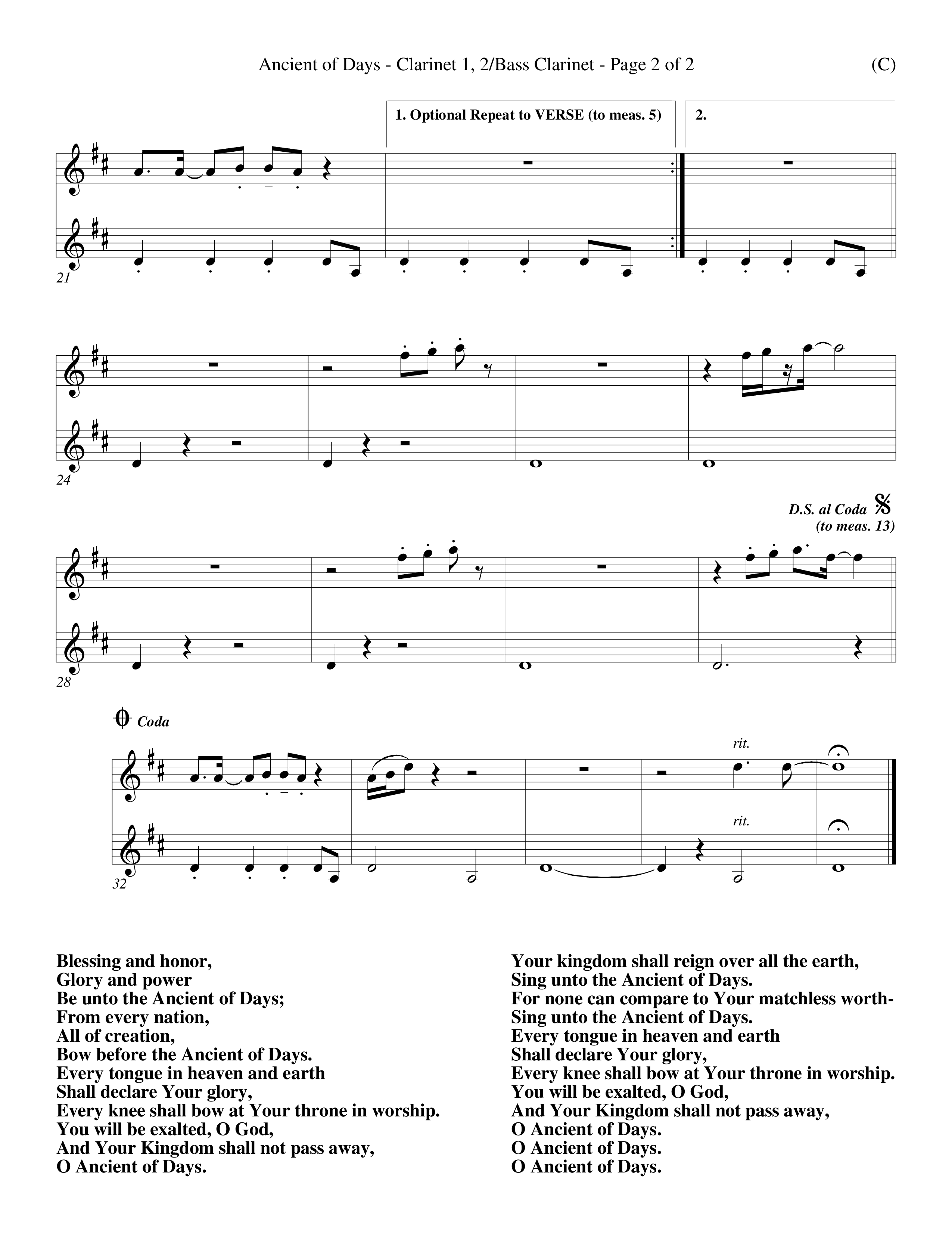 Ancient Of Days (Choral Anthem SATB) Clarinet 1/2, Bass Clarinet (Word Music Choral / Orch. Dave Williamson)