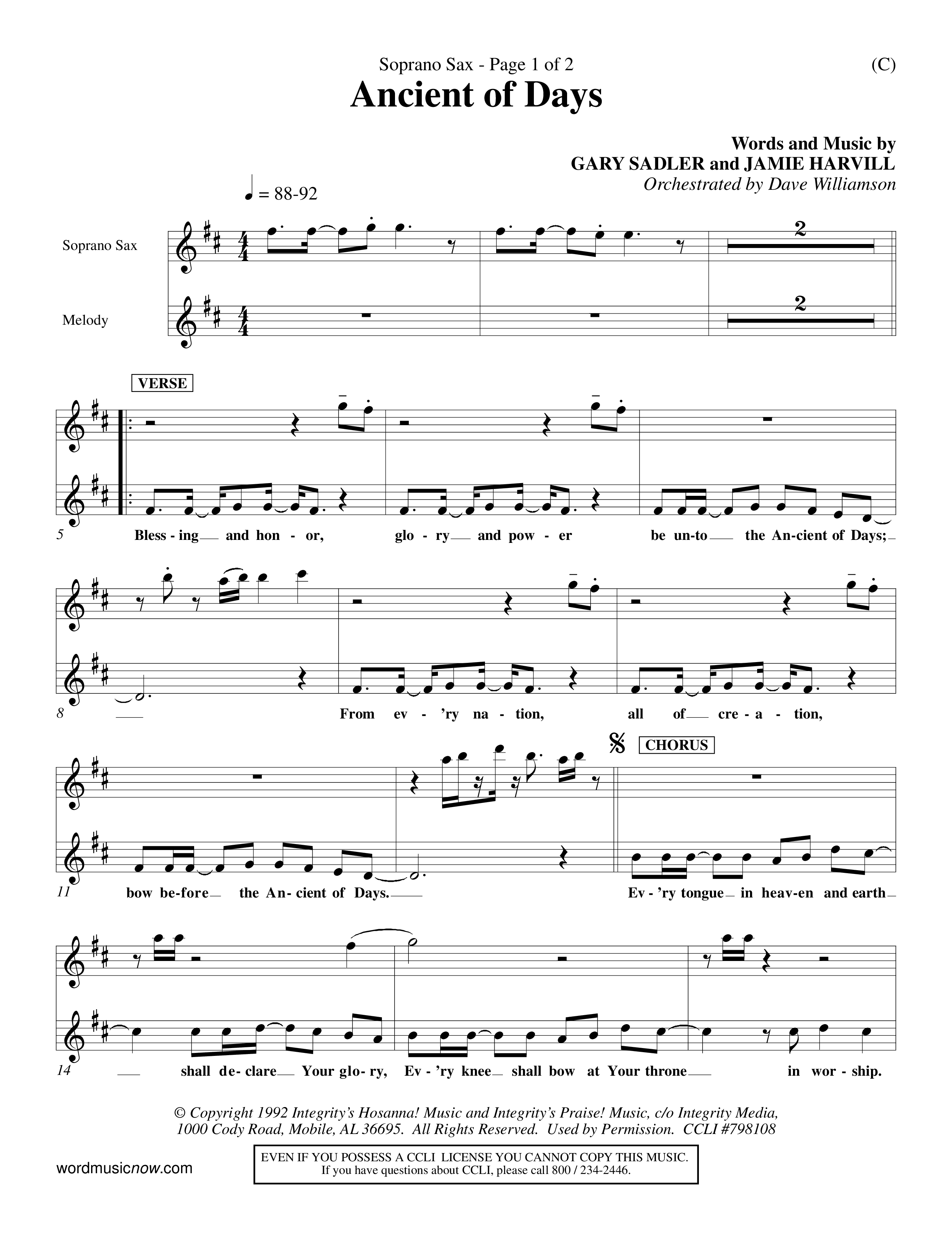 Ancient Of Days (Choral Anthem SATB) Saxophone (Word Music Choral / Orch. Dave Williamson)