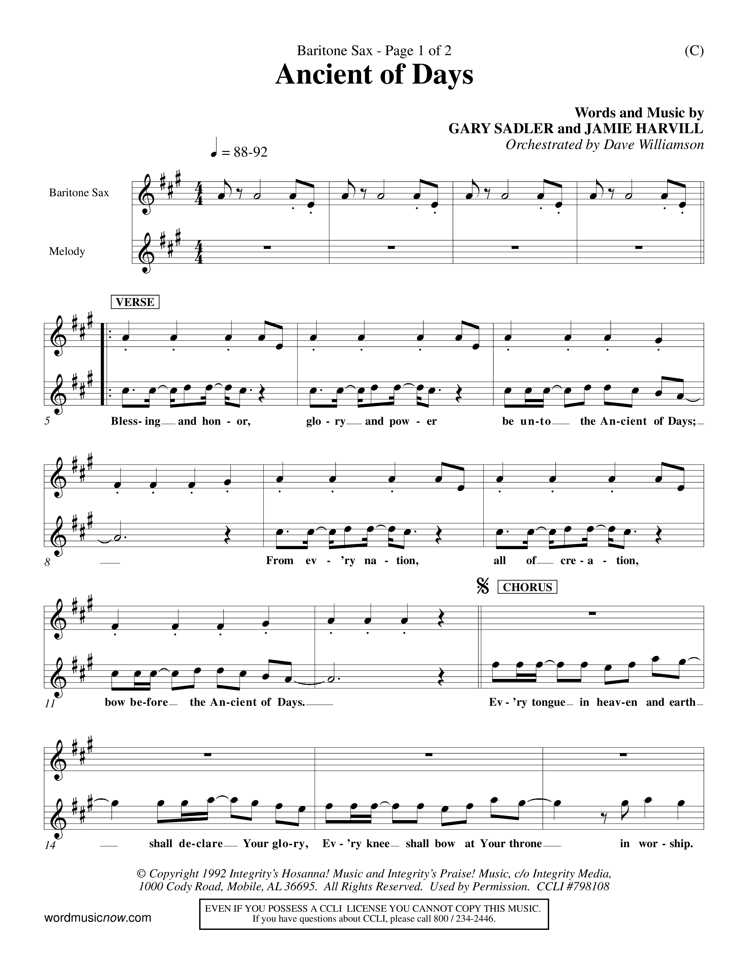 Ancient Of Days (Choral Anthem SATB) Saxophone (Word Music Choral / Orch. Dave Williamson)
