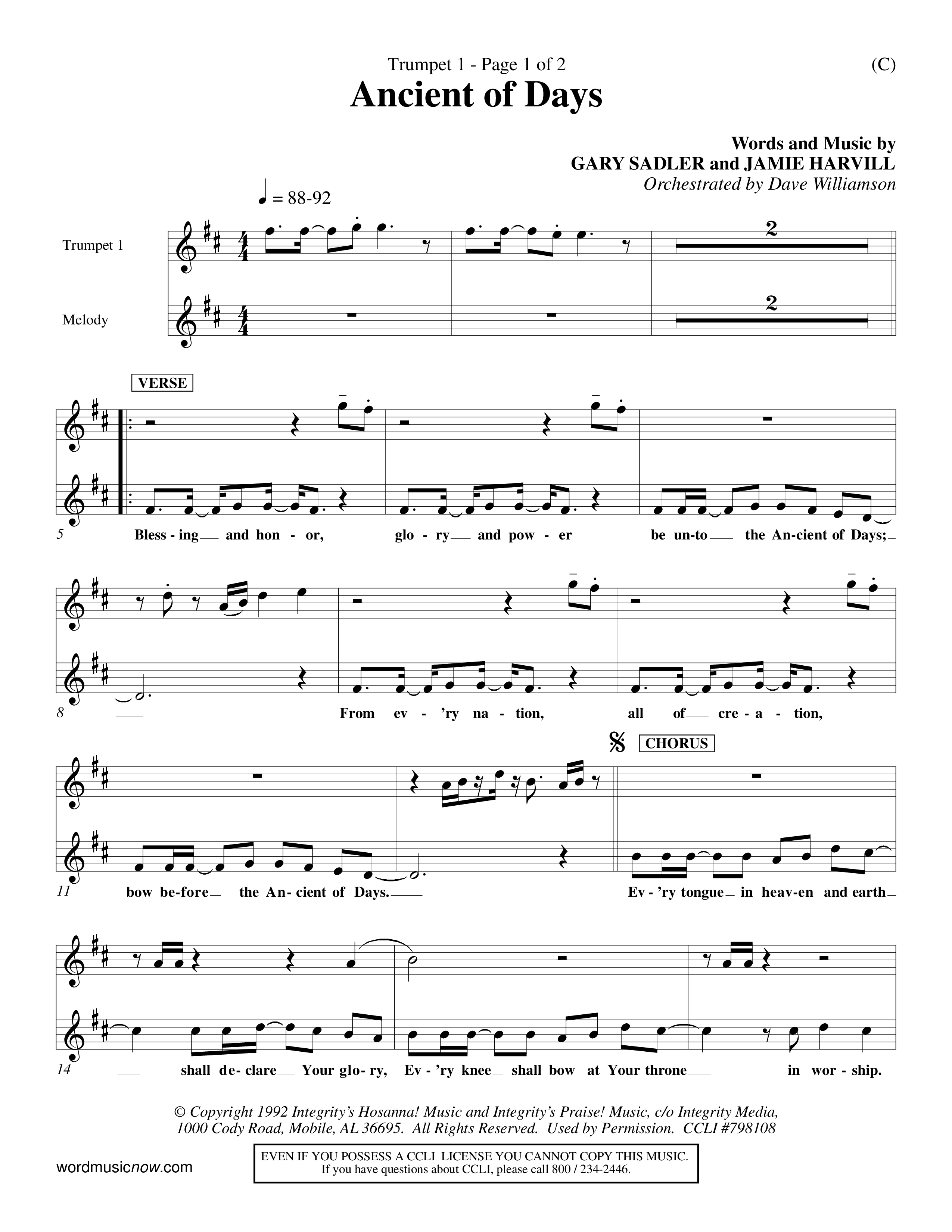 Ancient Of Days (Choral Anthem SATB) Trumpet 1 (Word Music Choral / Orch. Dave Williamson)