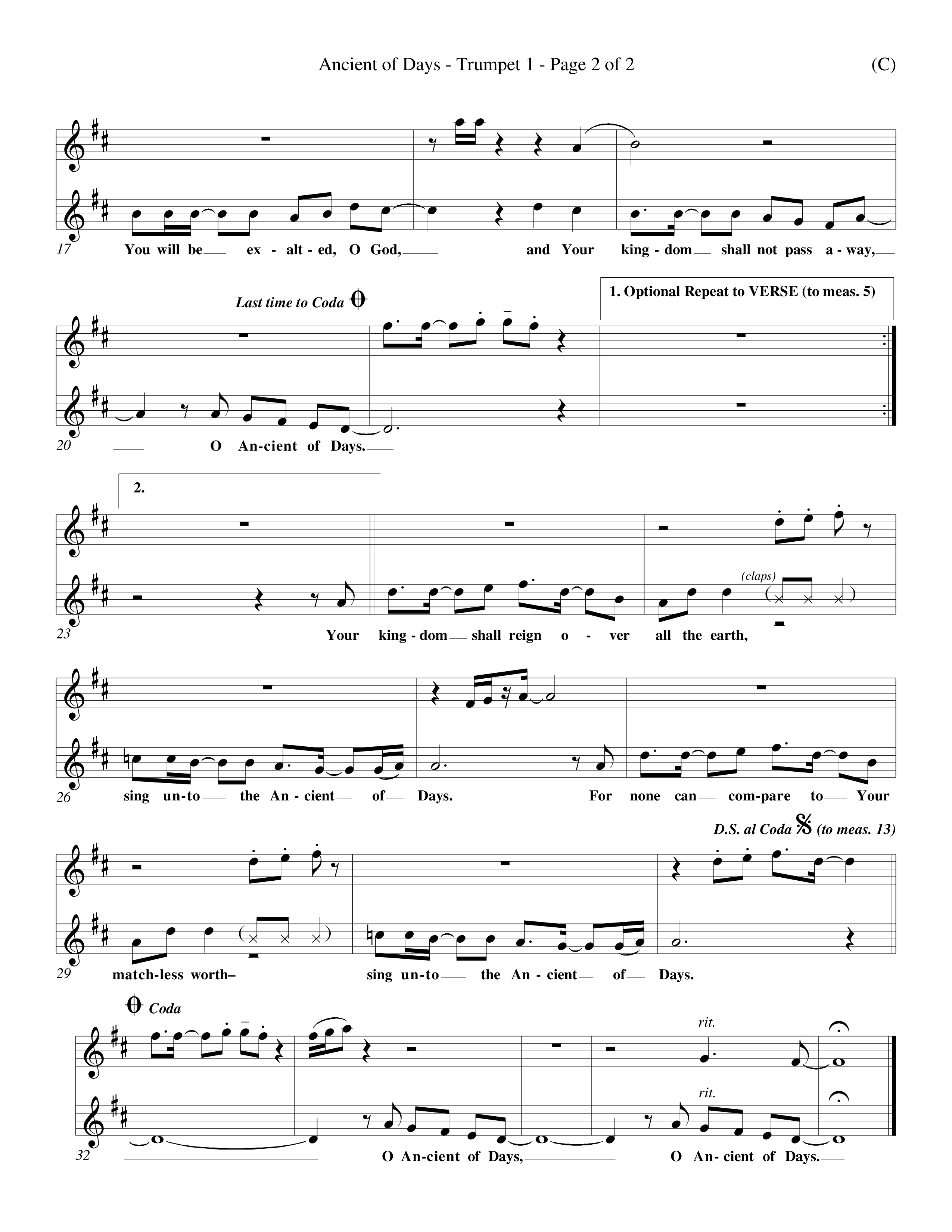 Ancient Of Days (Choral Anthem SATB) Trumpet 1 (Word Music Choral / Orch. Dave Williamson)
