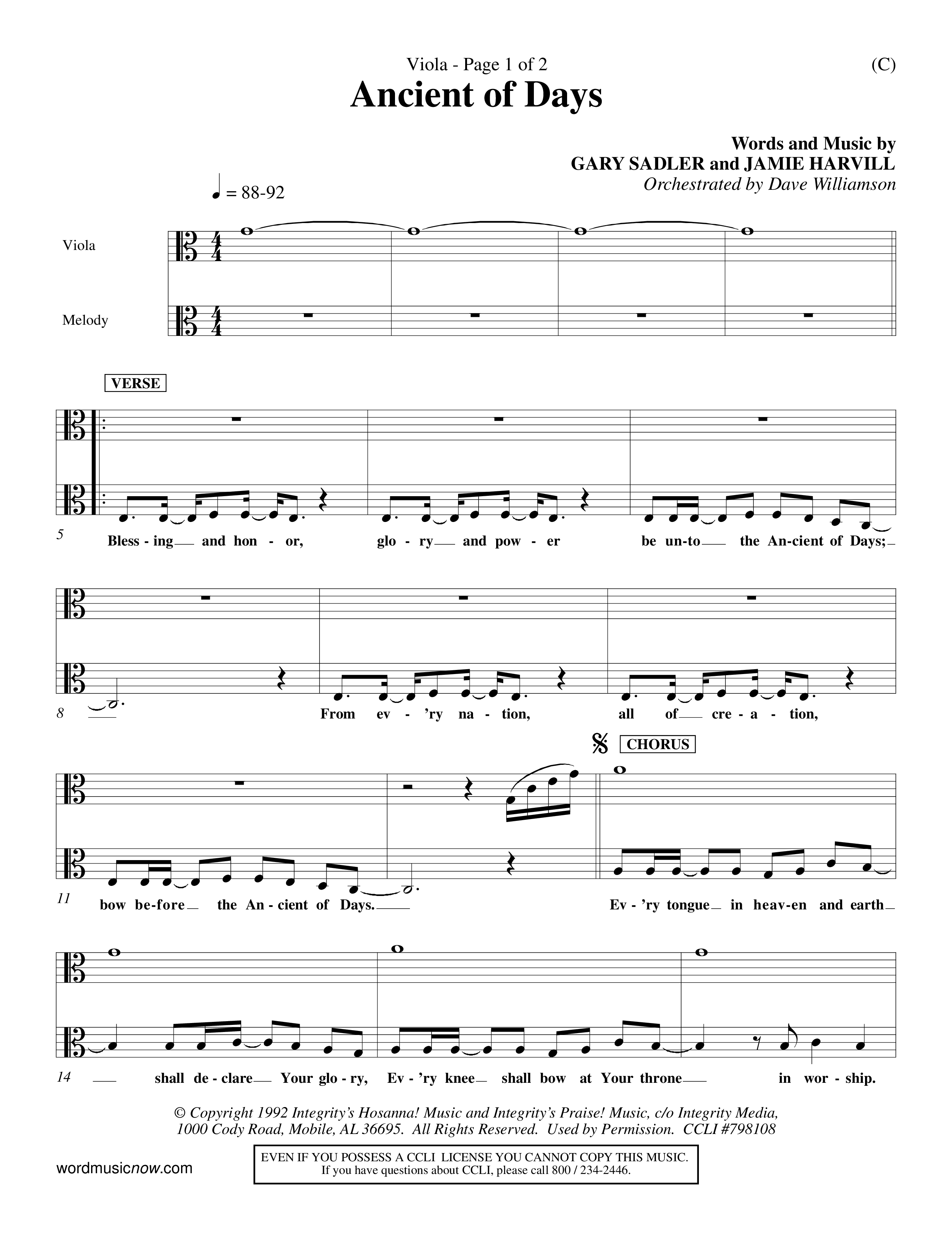 Ancient Of Days (Choral Anthem SATB) Viola (Word Music Choral / Orch. Dave Williamson)