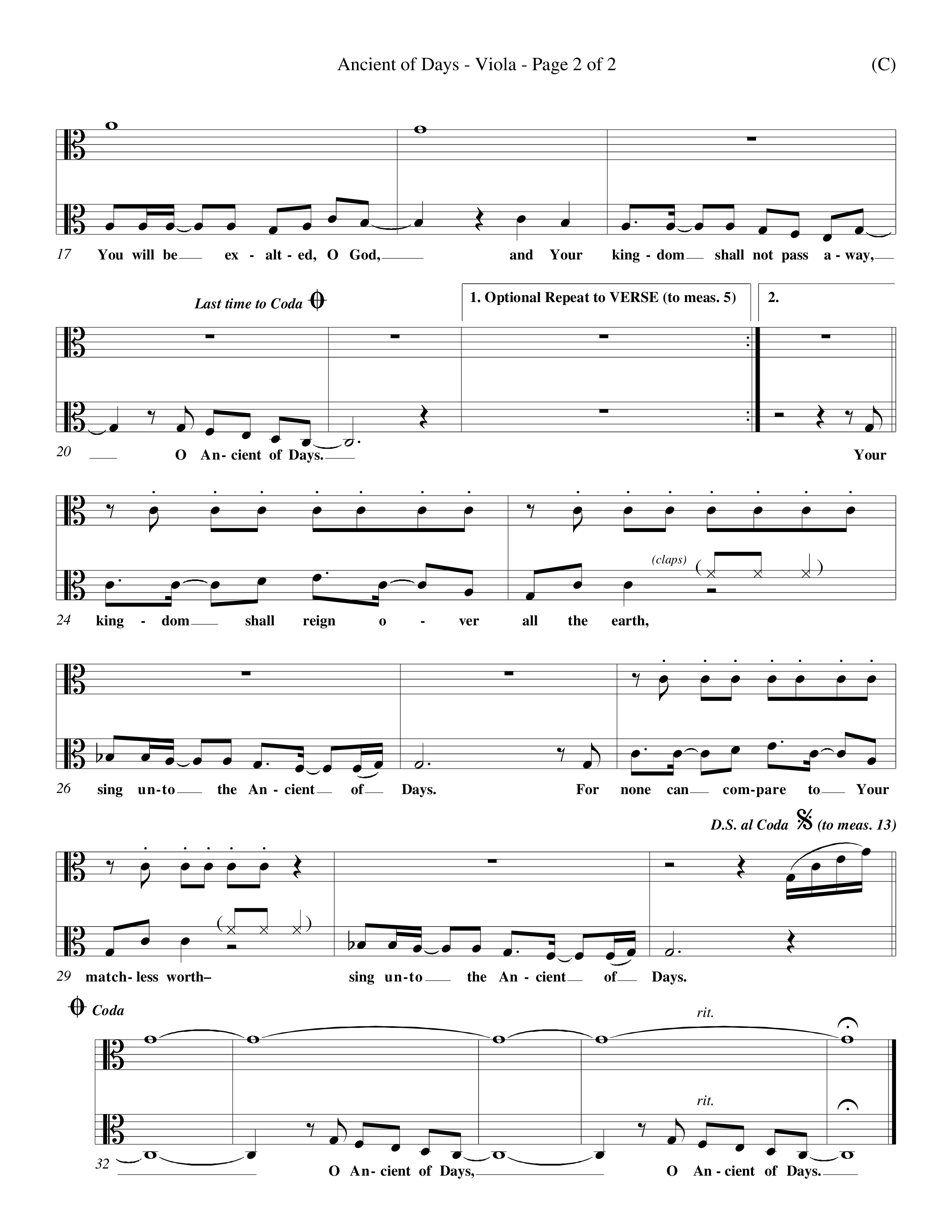 Ancient Of Days (Choral Anthem SATB) Viola (Word Music Choral / Orch. Dave Williamson)