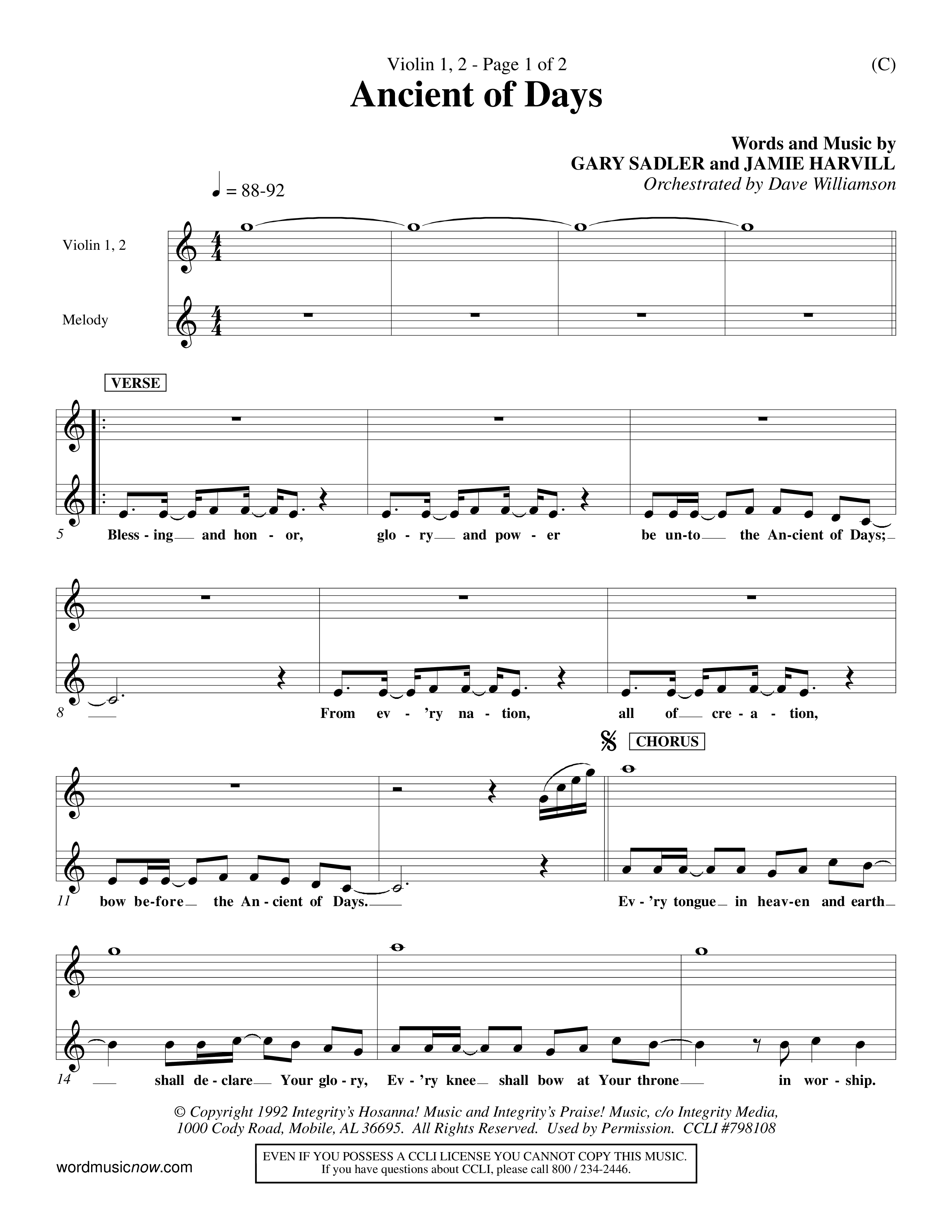 Ancient Of Days (Choral Anthem SATB) Violin 1/2 (Word Music Choral / Orch. Dave Williamson)