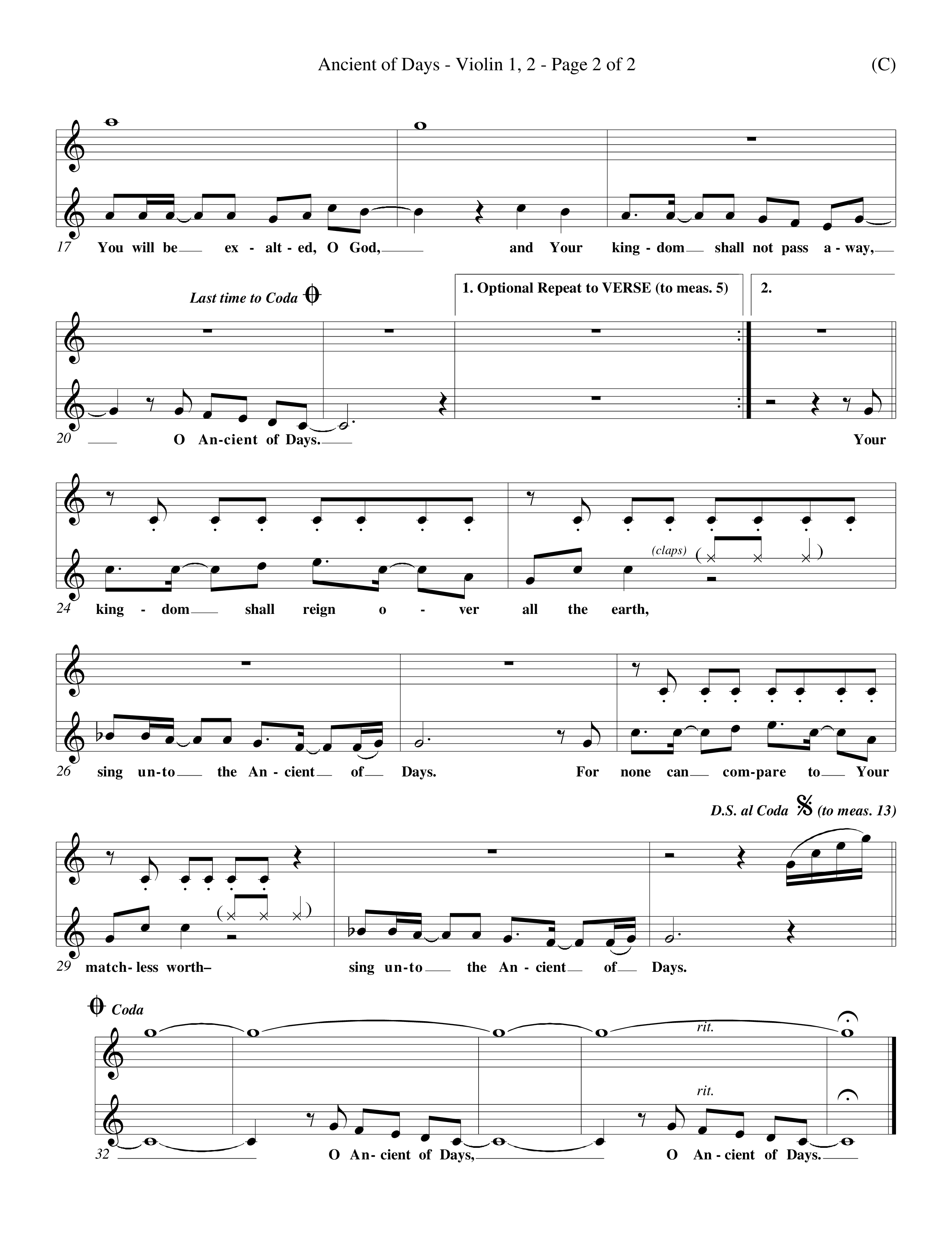 Ancient Of Days (Choral Anthem SATB) Violin 1/2 (Word Music Choral / Orch. Dave Williamson)