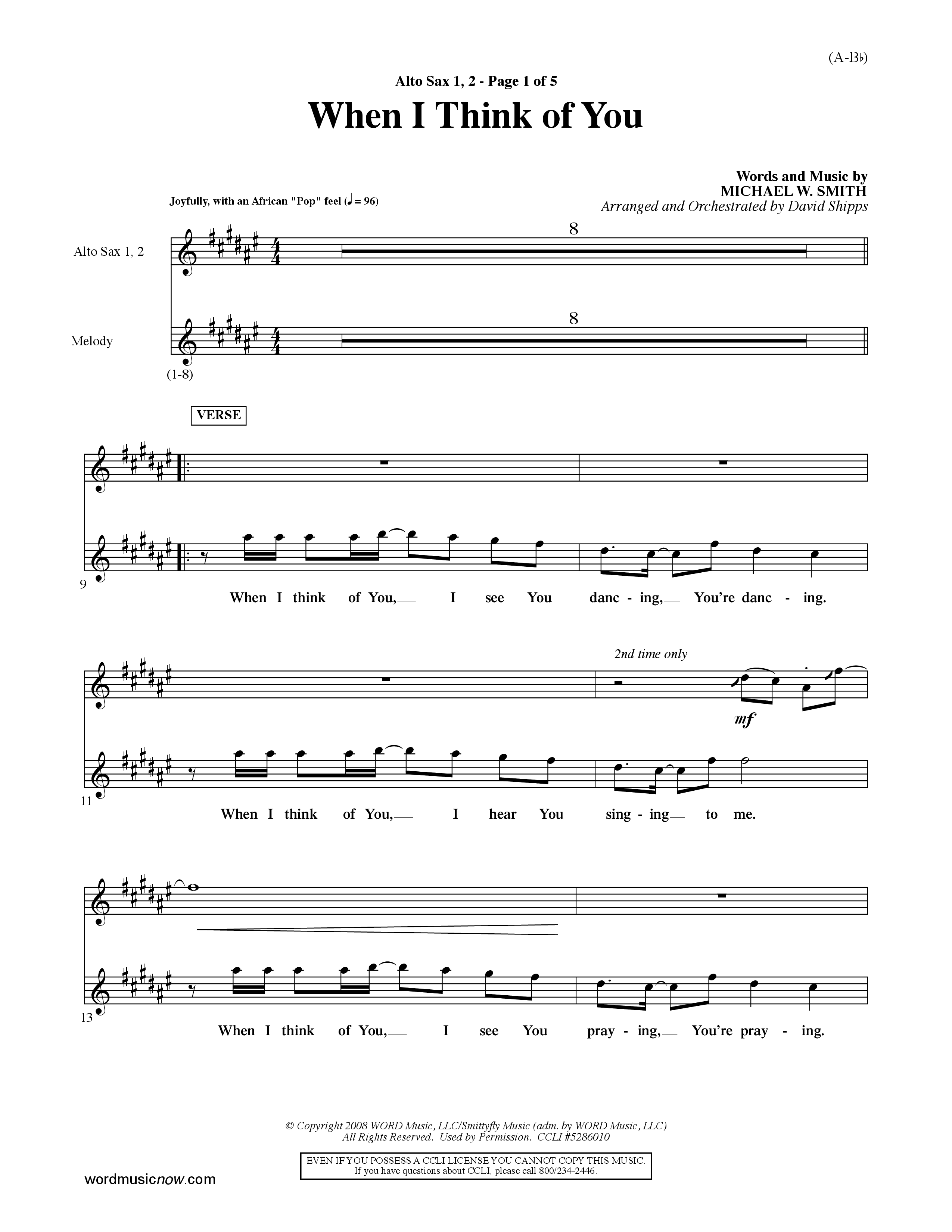 When I Think Of You (Choral Anthem SATB) Alto Sax 1/2 (Word Music Choral / Orch. David Shipps)
