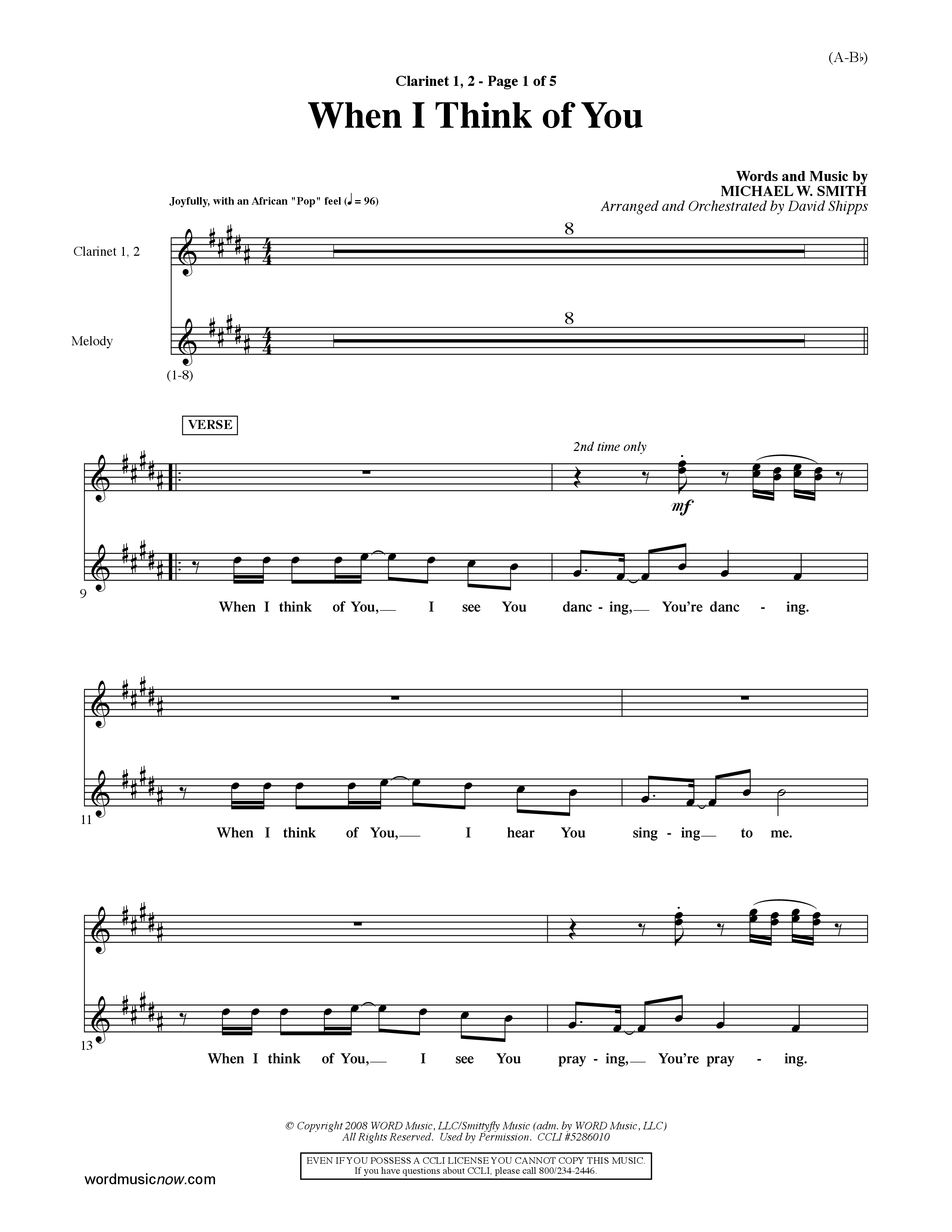 When I Think Of You (Choral Anthem SATB) Clarinet 1/2 (Word Music Choral / Orch. David Shipps)
