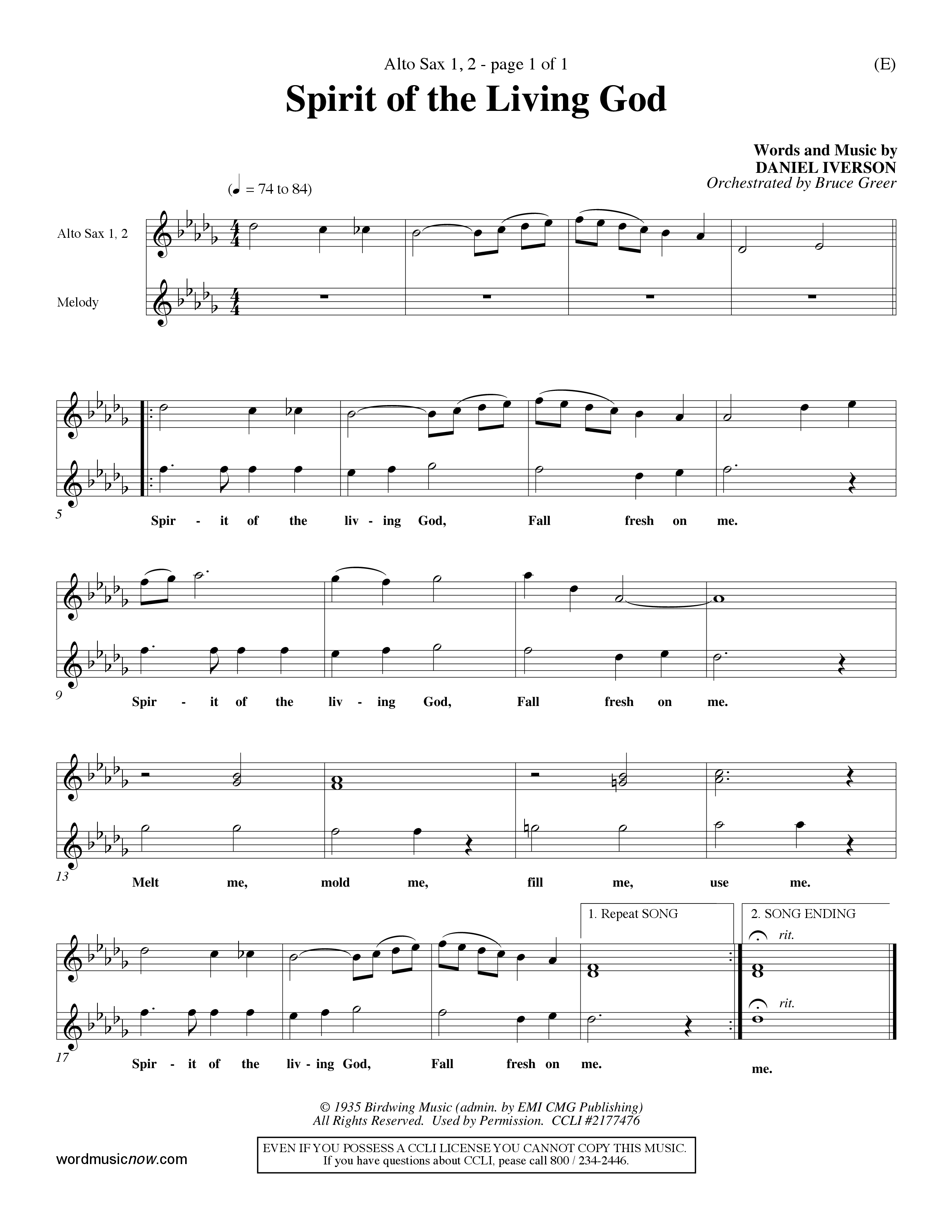 Spirit Of The Living God (Choral Anthem SATB) Alto Sax 1/2 (Word Music Choral / Orch. Bruce Greer)