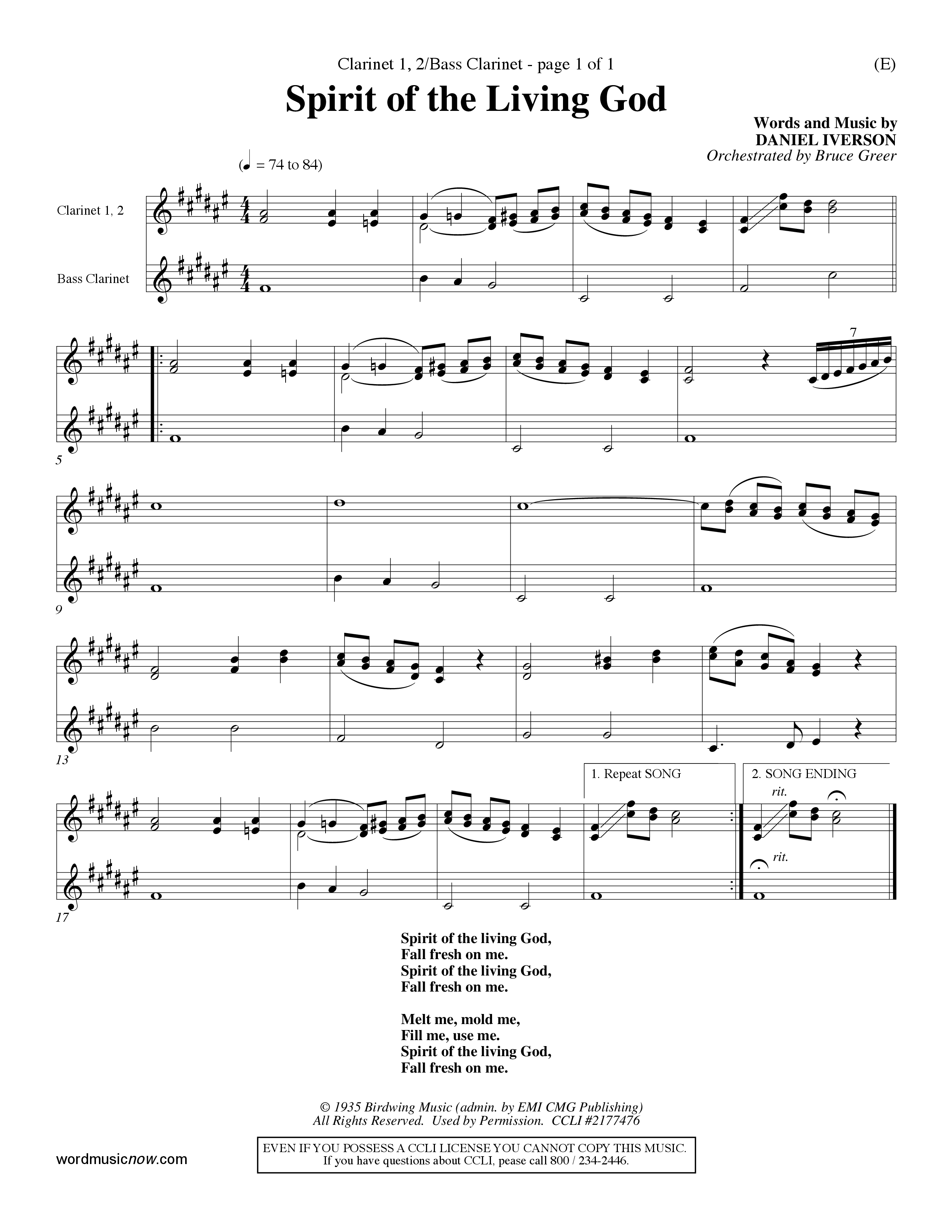 Spirit Of The Living God (Choral Anthem SATB) Clarinet 1/2, Bass Clarinet (Word Music Choral / Orch. Bruce Greer)