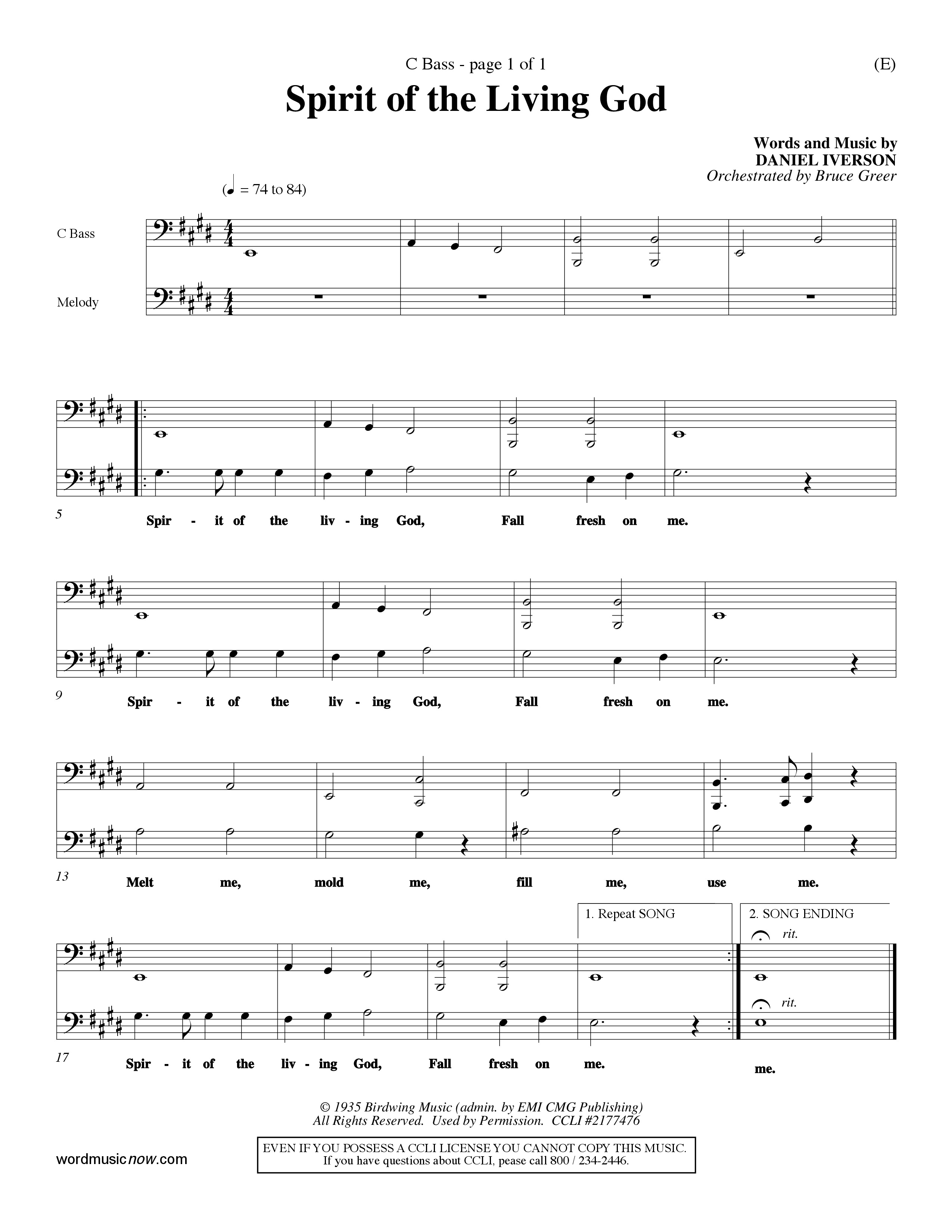 Spirit Of The Living God (Choral Anthem SATB) Contrabass (Word Music Choral / Orch. Bruce Greer)