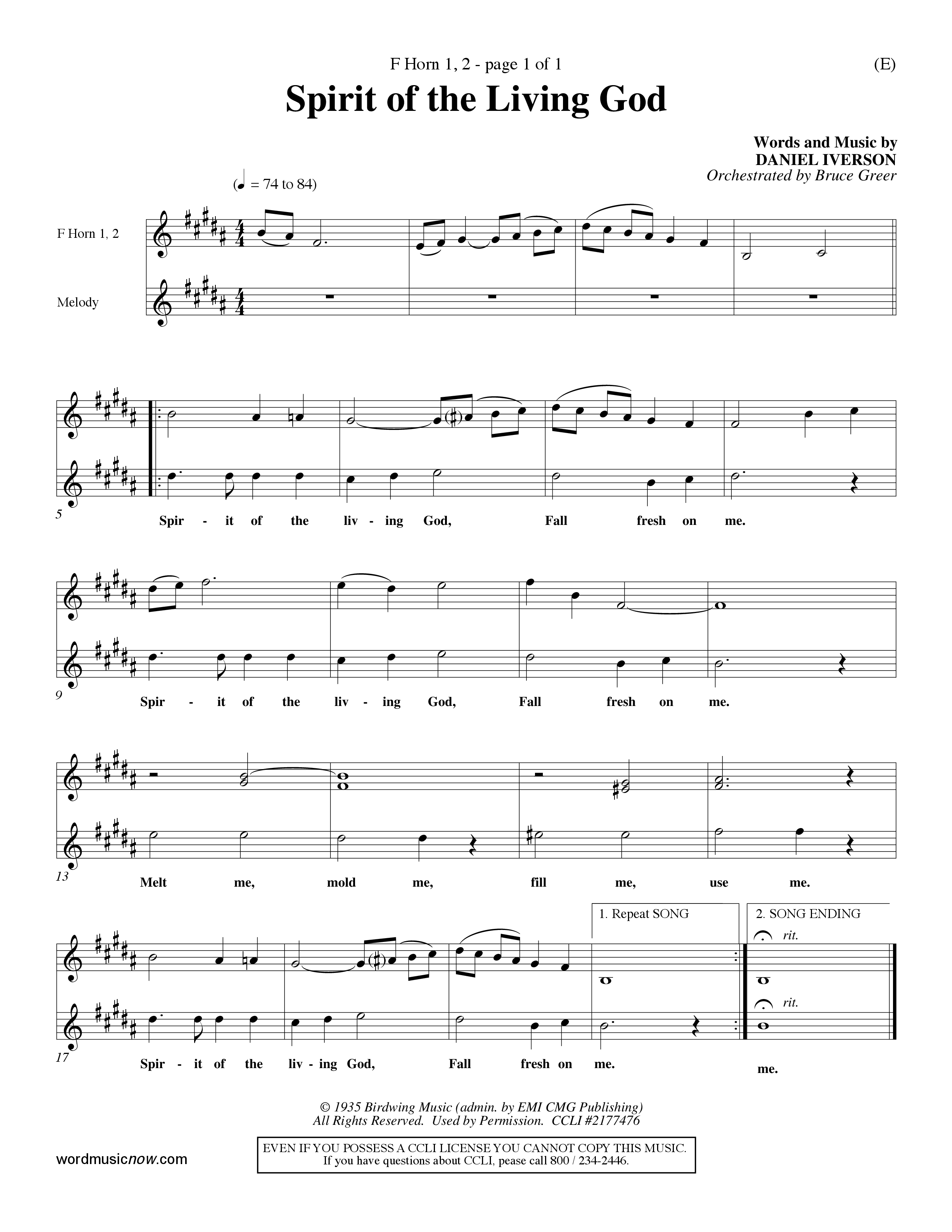 Spirit Of The Living God (Choral Anthem SATB) French Horn (Word Music Choral / Orch. Bruce Greer)