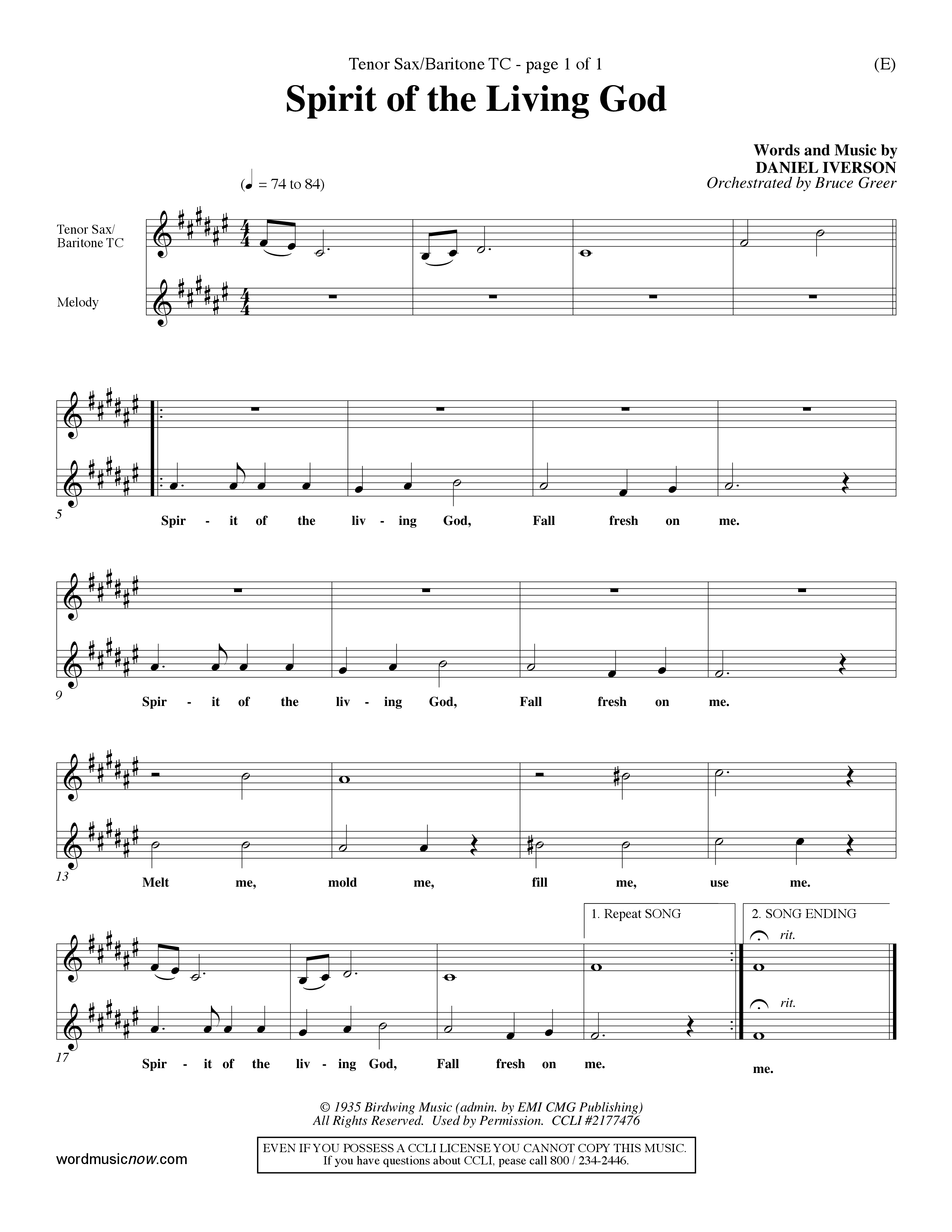 Spirit Of The Living God (Choral Anthem SATB) Tenor Sax/Baritone T.C. (Word Music Choral / Orch. Bruce Greer)
