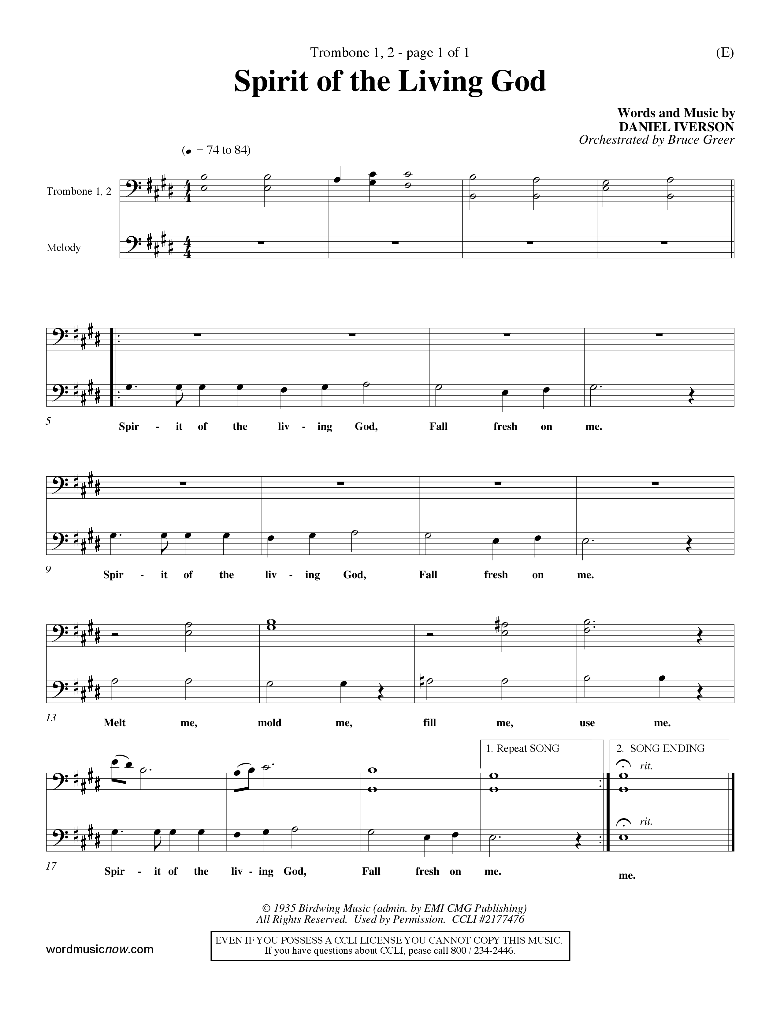 Spirit Of The Living God (Choral Anthem SATB) Trombone 1/2 (Word Music Choral / Orch. Bruce Greer)