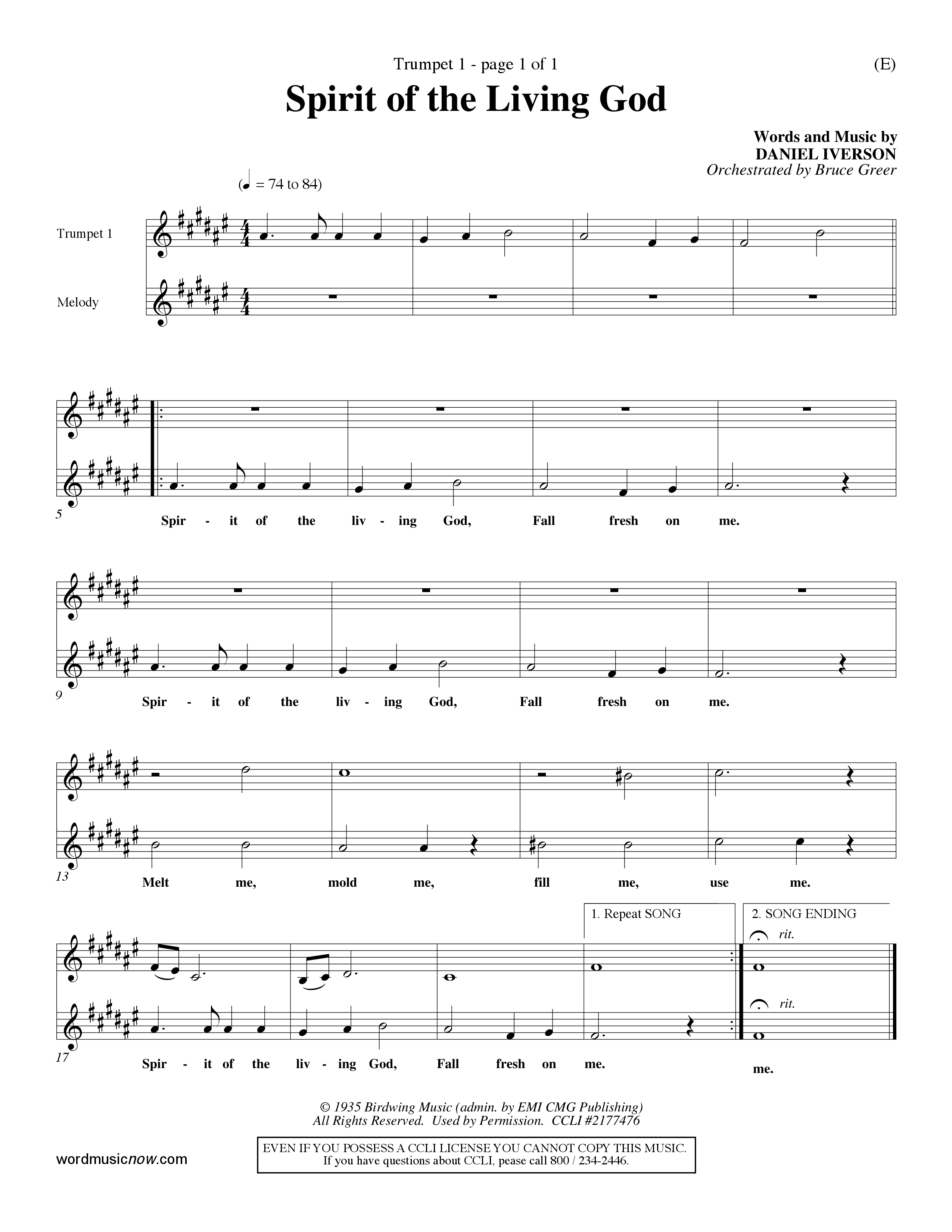 Spirit Of The Living God (Choral Anthem SATB) Trumpet 1 (Word Music Choral / Orch. Bruce Greer)