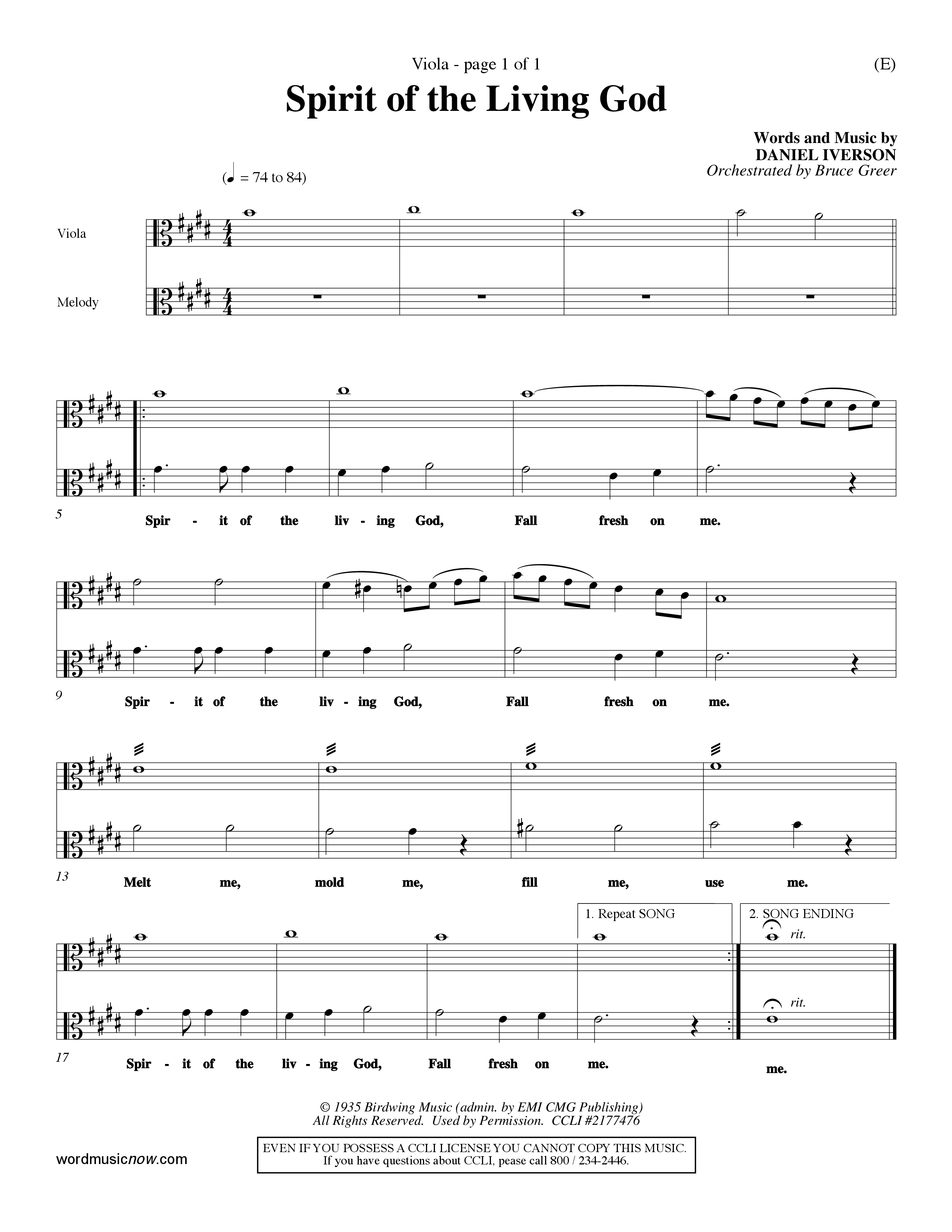 Spirit Of The Living God (Choral Anthem SATB) Viola (Word Music Choral / Orch. Bruce Greer)