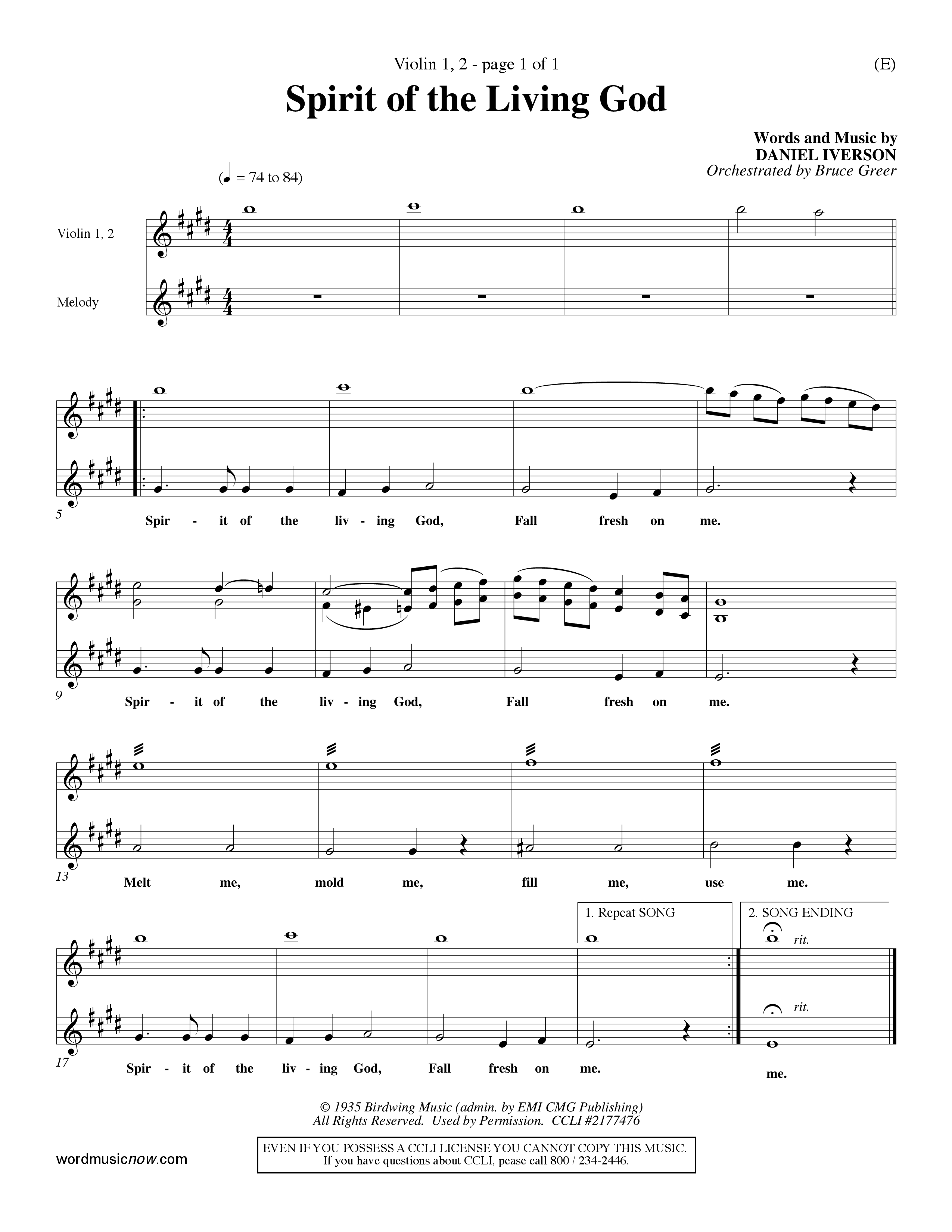 Spirit Of The Living God (Choral Anthem SATB) Violin 1/2 (Word Music Choral / Orch. Bruce Greer)