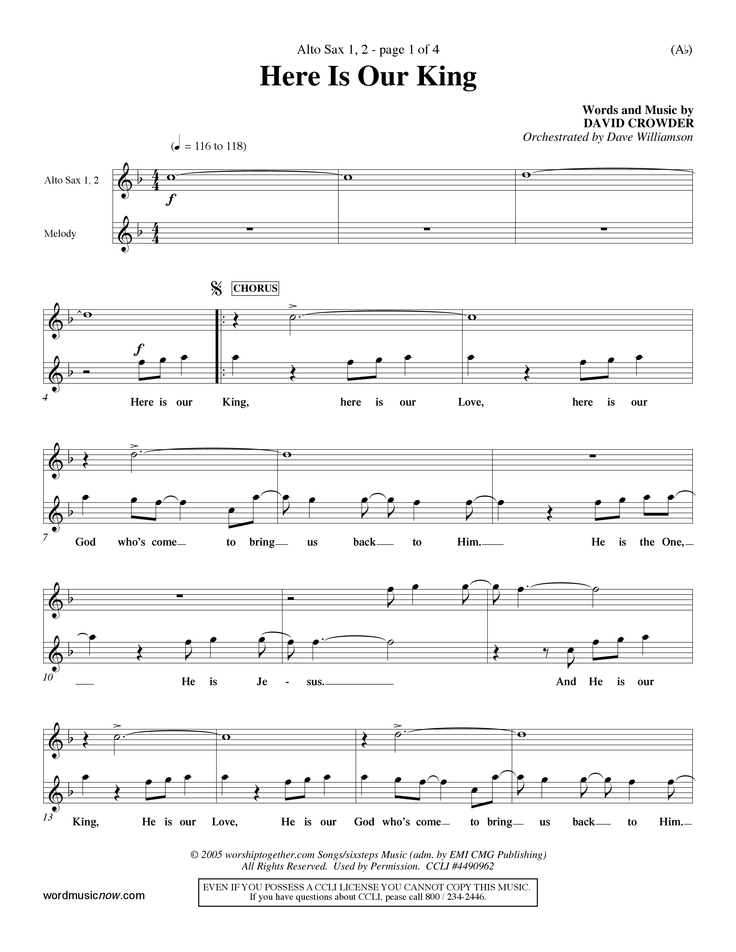 Here Is Our King (Choral Anthem SATB) Alto Sax 1/2 (Word Music Choral / Orch. Dave Williamson)