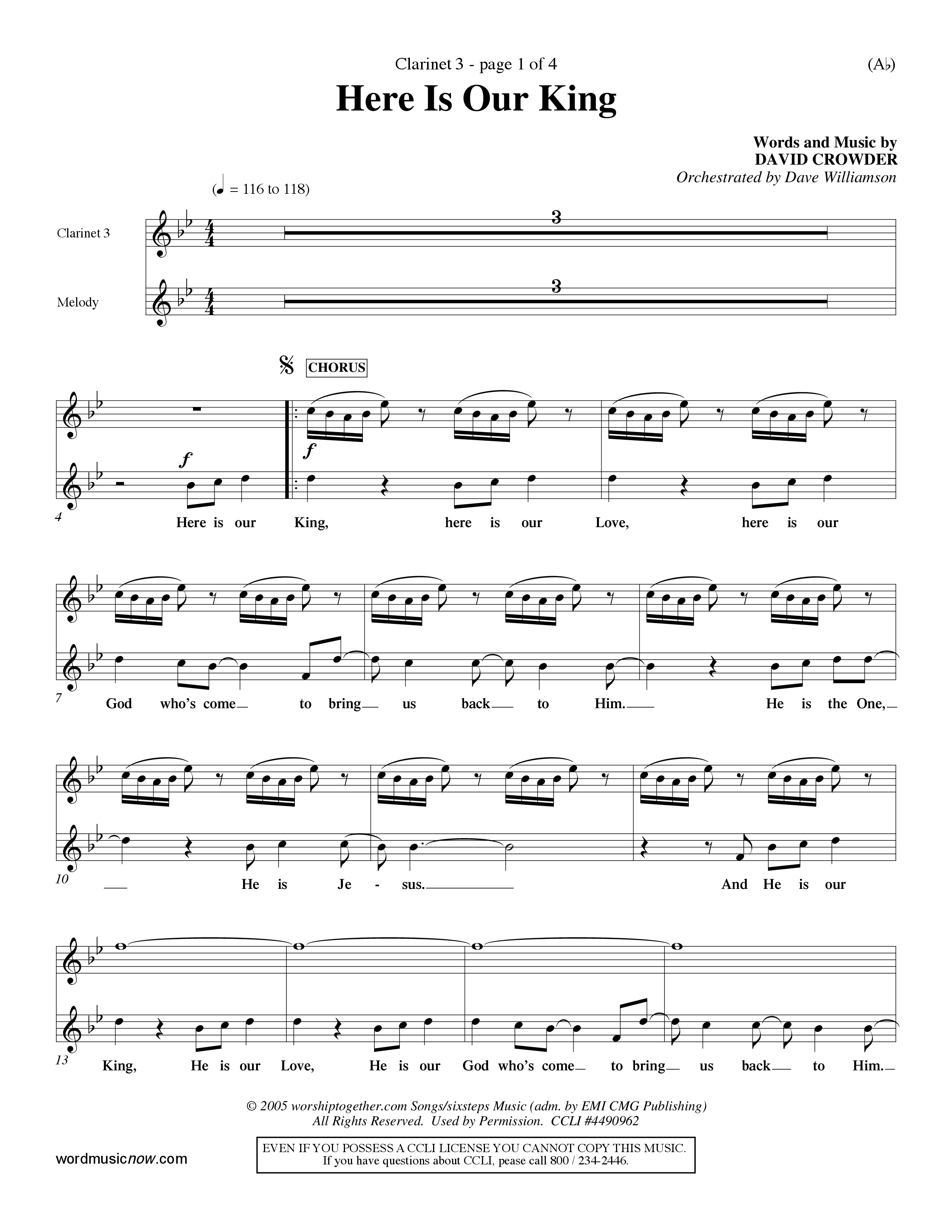Here Is Our King (Choral Anthem SATB) Clarinet 3 (Word Music Choral / Orch. Dave Williamson)