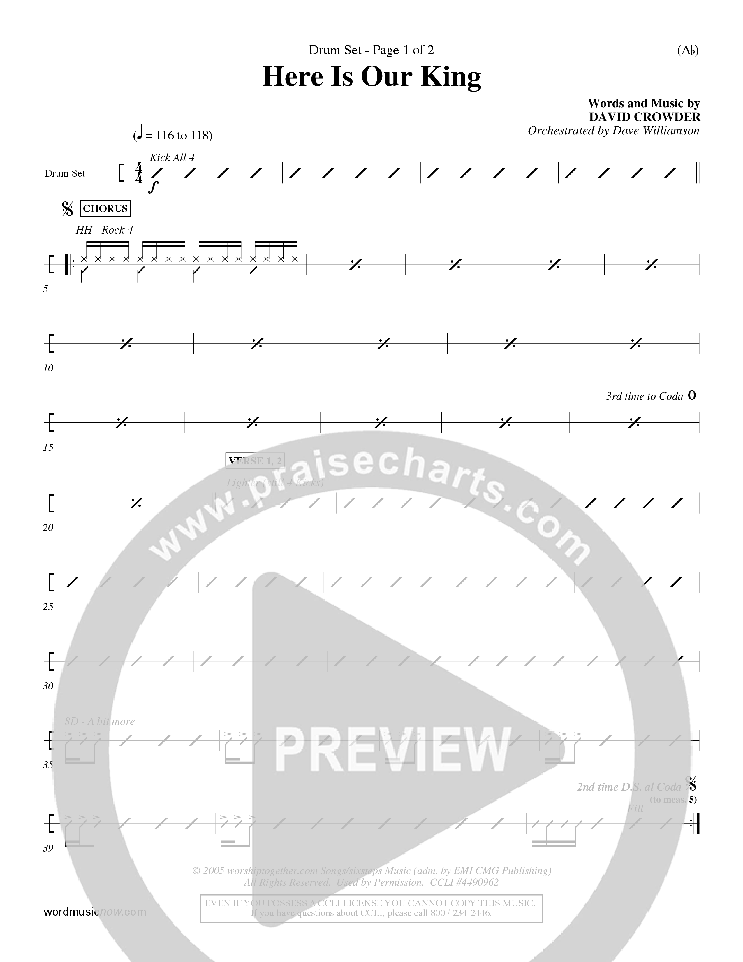 Here Is Our King (Choral Anthem SATB) Drum Set (Word Music Choral / Orch. Dave Williamson)