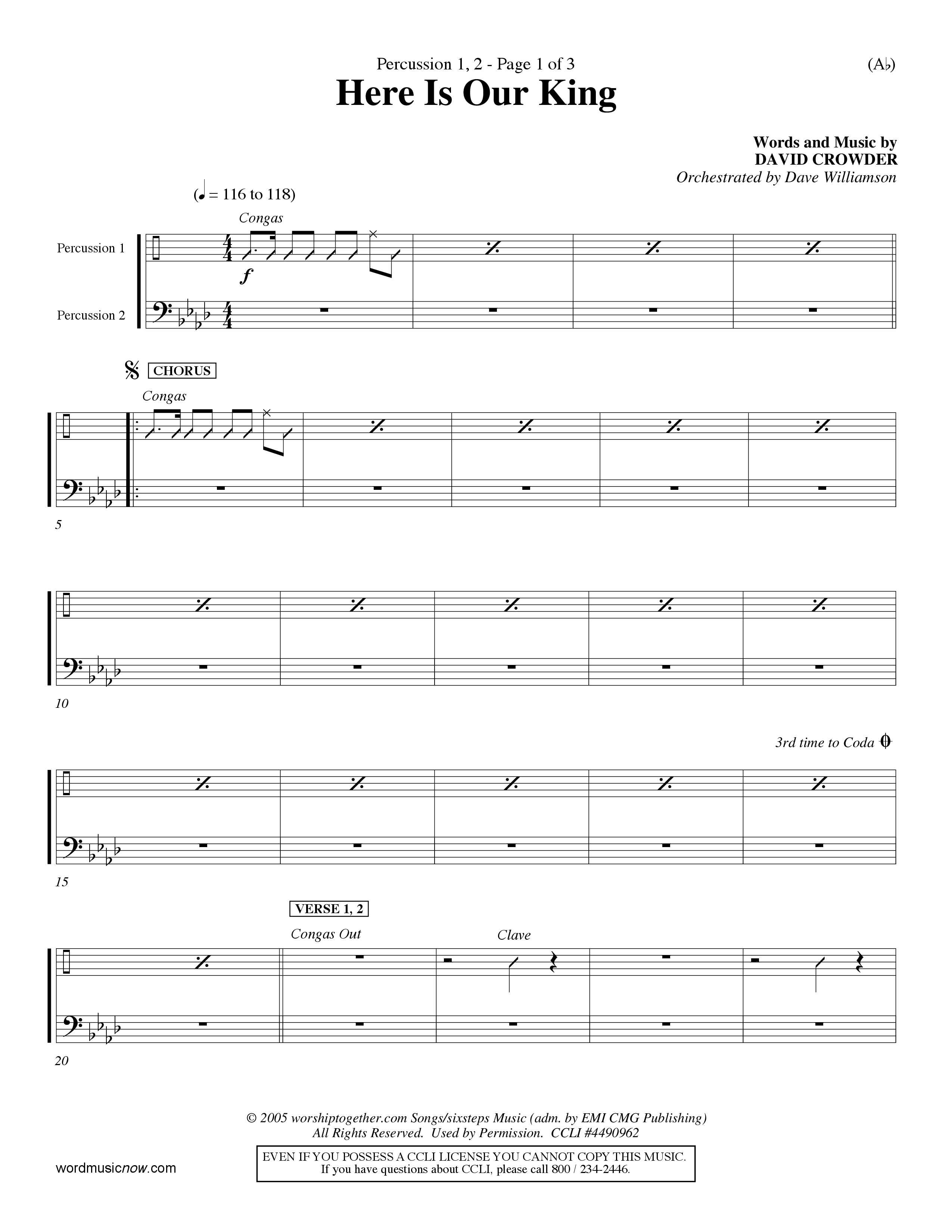 Here Is Our King (Choral Anthem SATB) Percussion 1/2 (Word Music Choral / Orch. Dave Williamson)