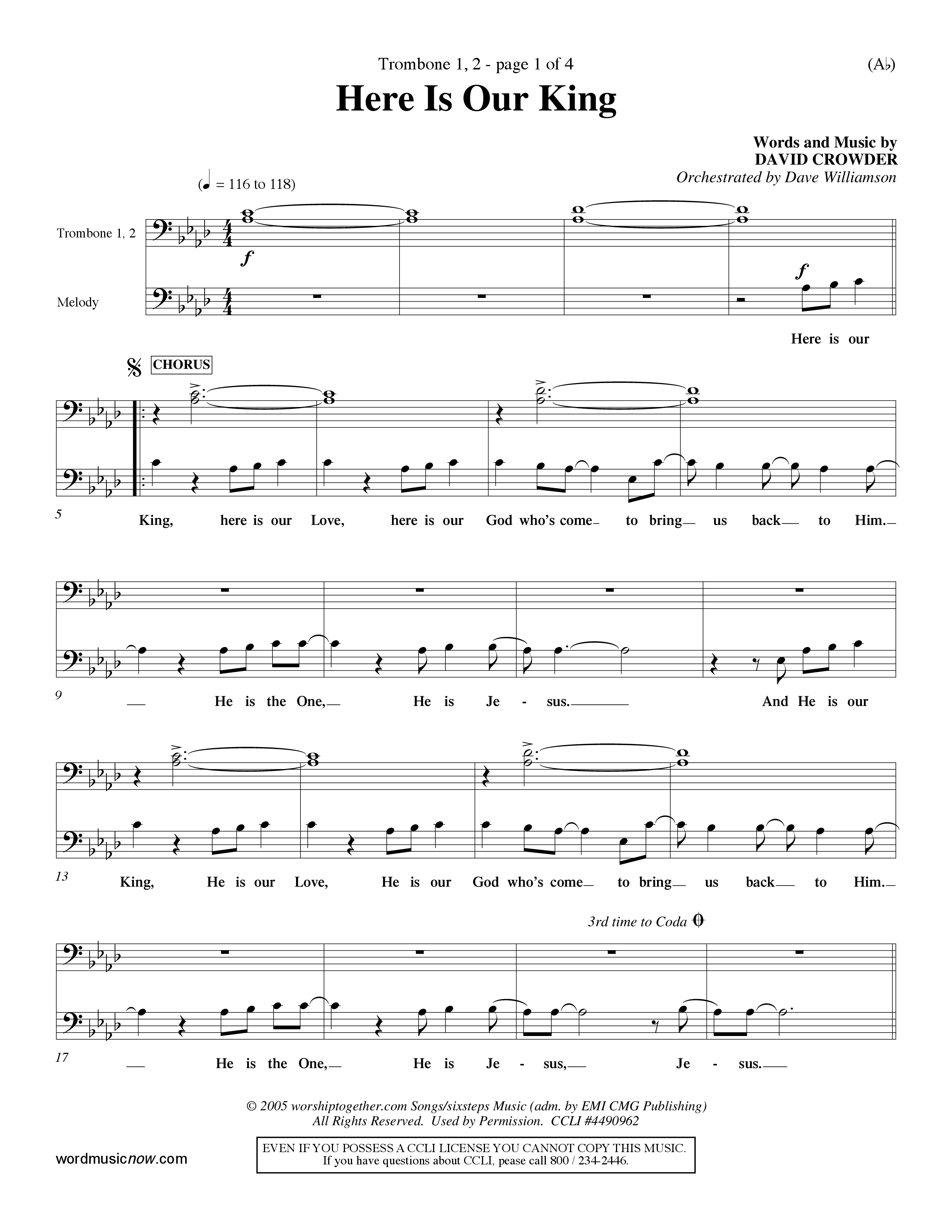 Here Is Our King (Choral Anthem SATB) Trombone 1/2 (Word Music Choral / Orch. Dave Williamson)