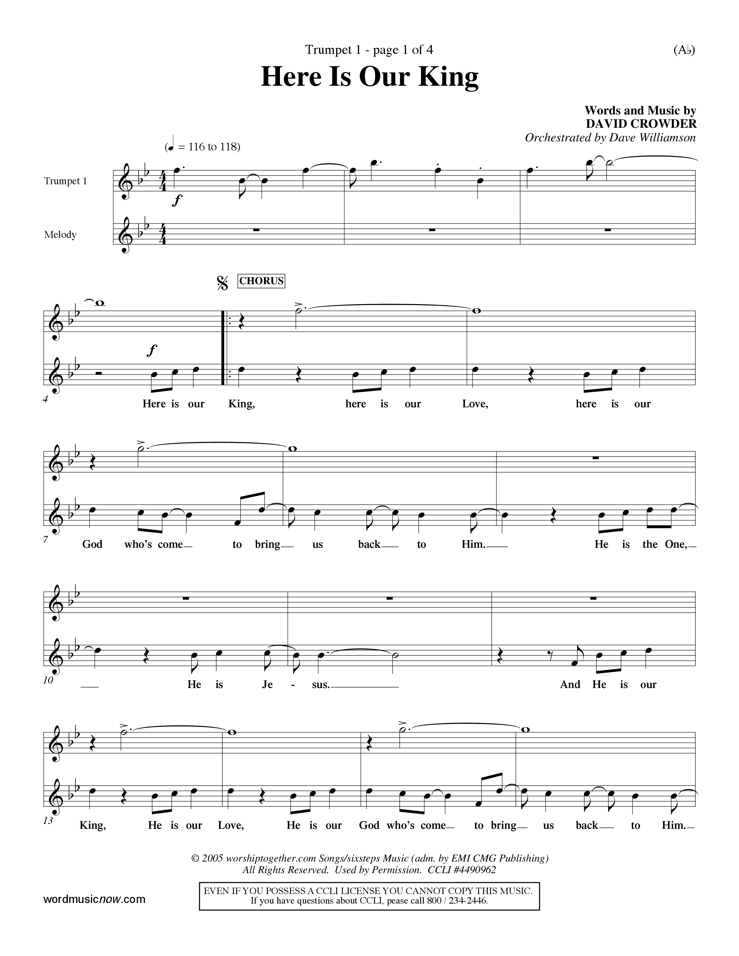 Here Is Our King (Choral Anthem SATB) Trumpet 1 (Word Music Choral / Orch. Dave Williamson)