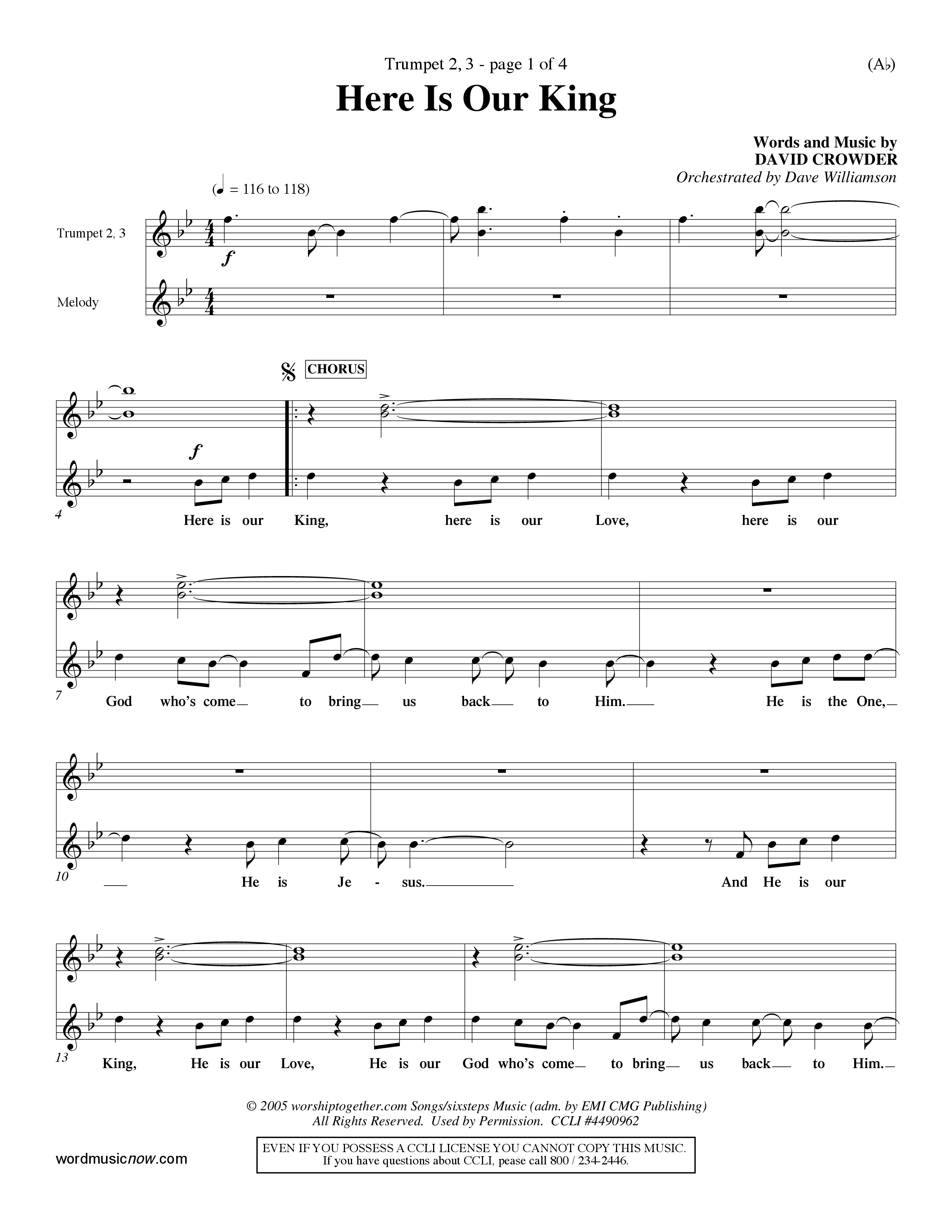 Here Is Our King (Choral Anthem SATB) Trumpet 2/3 (Word Music Choral / Orch. Dave Williamson)