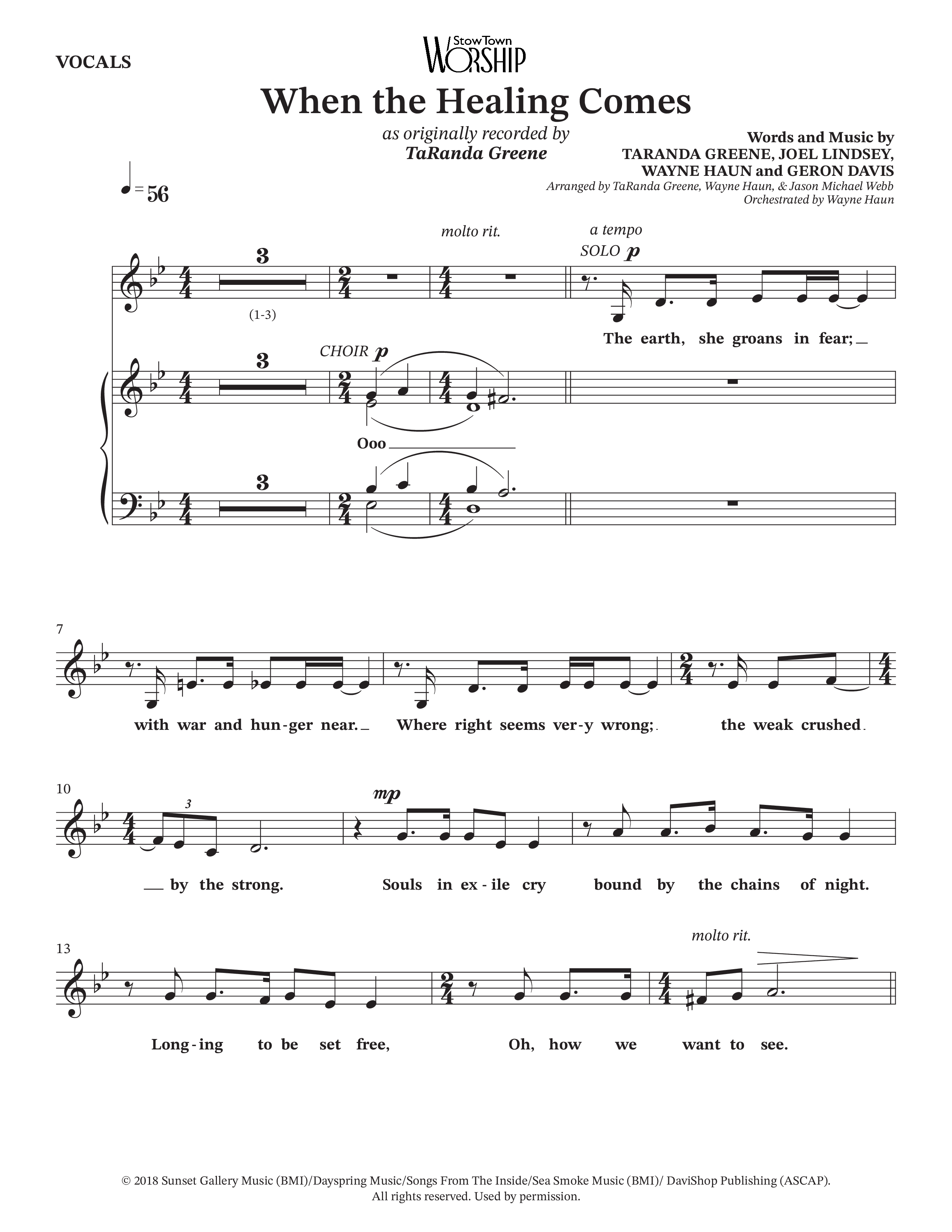 When The Healing Comes (Choral Anthem SATB) Choir Sheet (SATB) (TaRanda Greene / Arr. Jason Webb / Orch. Wayne Haun)