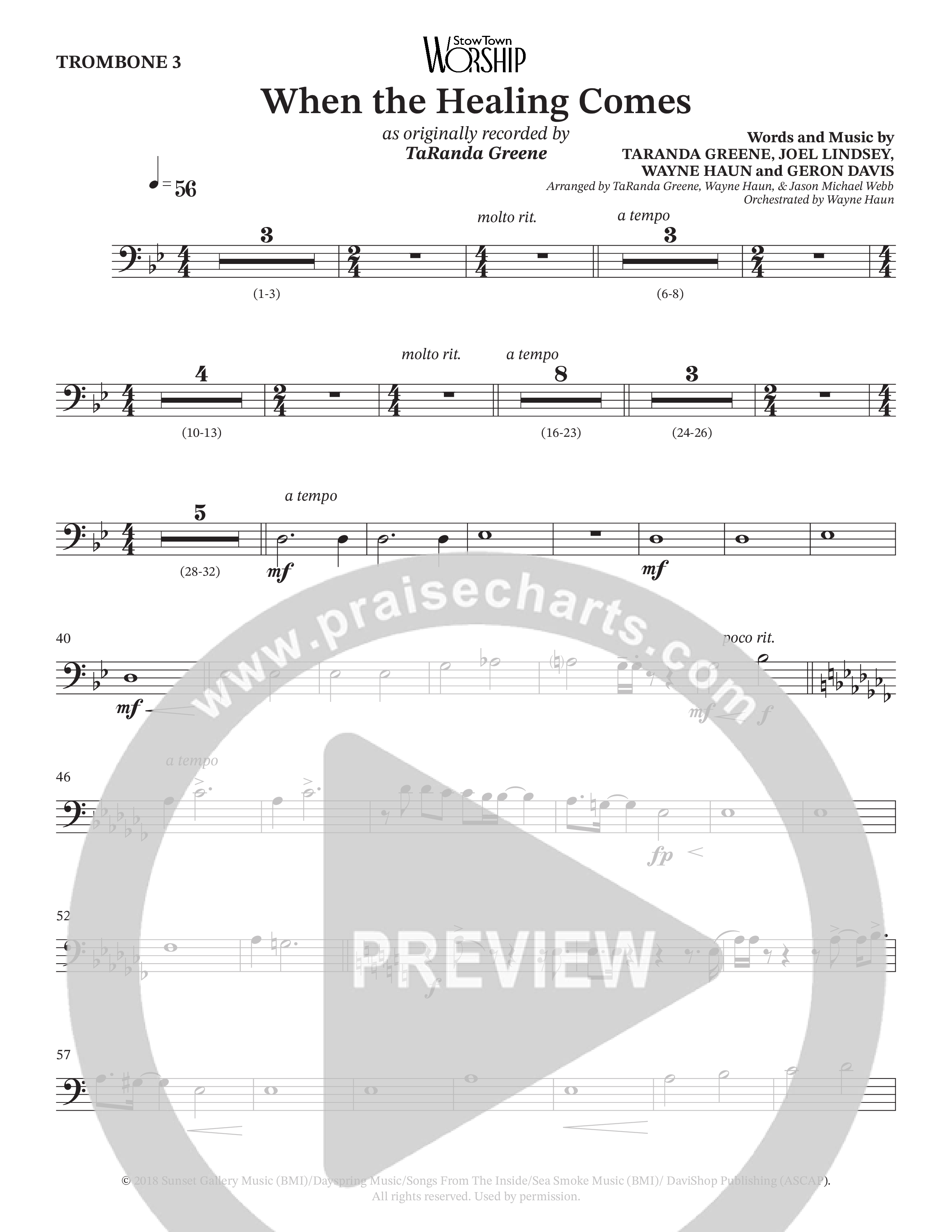 When The Healing Comes (Choral Anthem SATB) Trombone 3 (TaRanda Greene / Arr. Jason Webb / Orch. Wayne Haun)