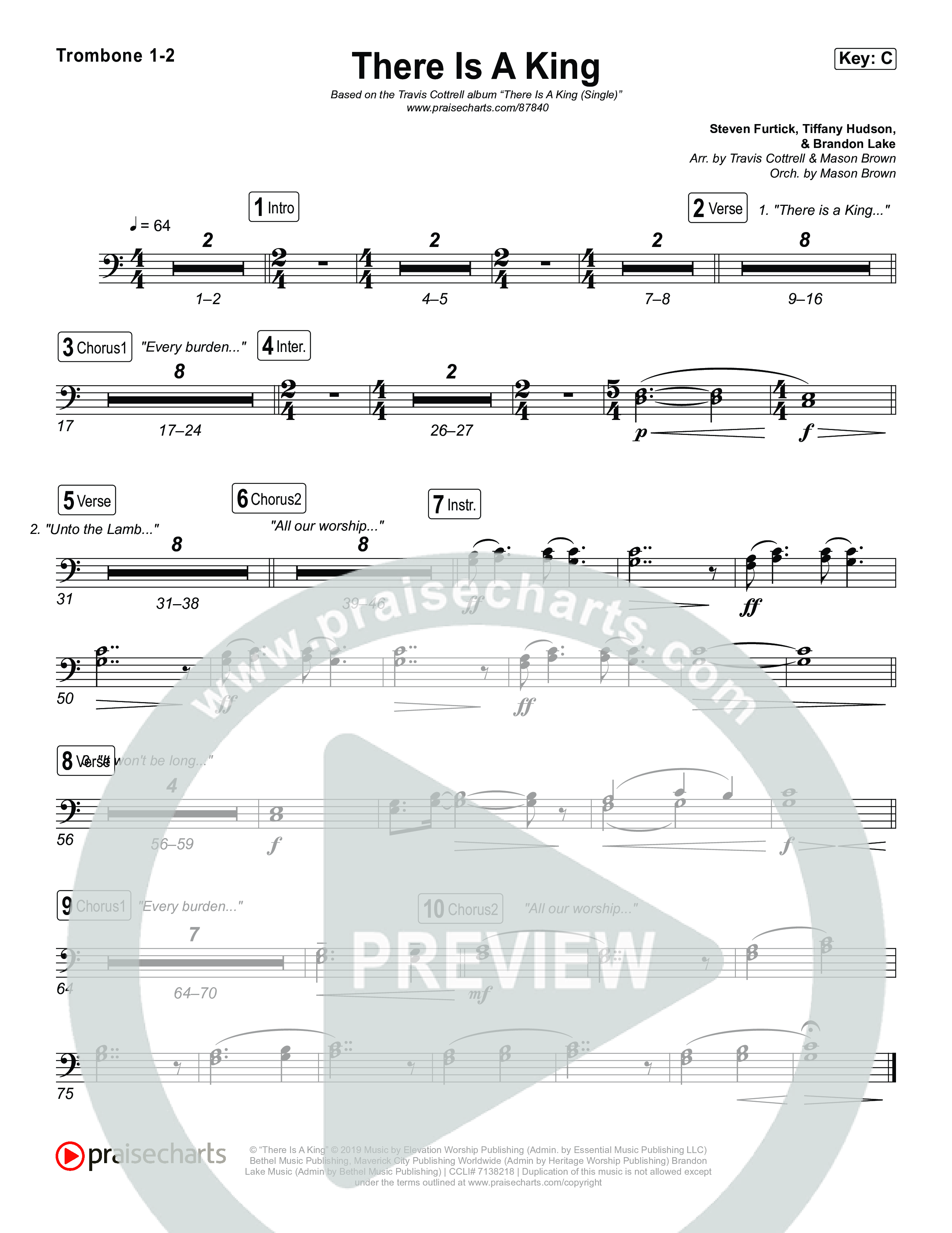 There Is A King (Choral/SATB) Trombone 1/2 (Travis Cottrell / Arr. Mason Brown)