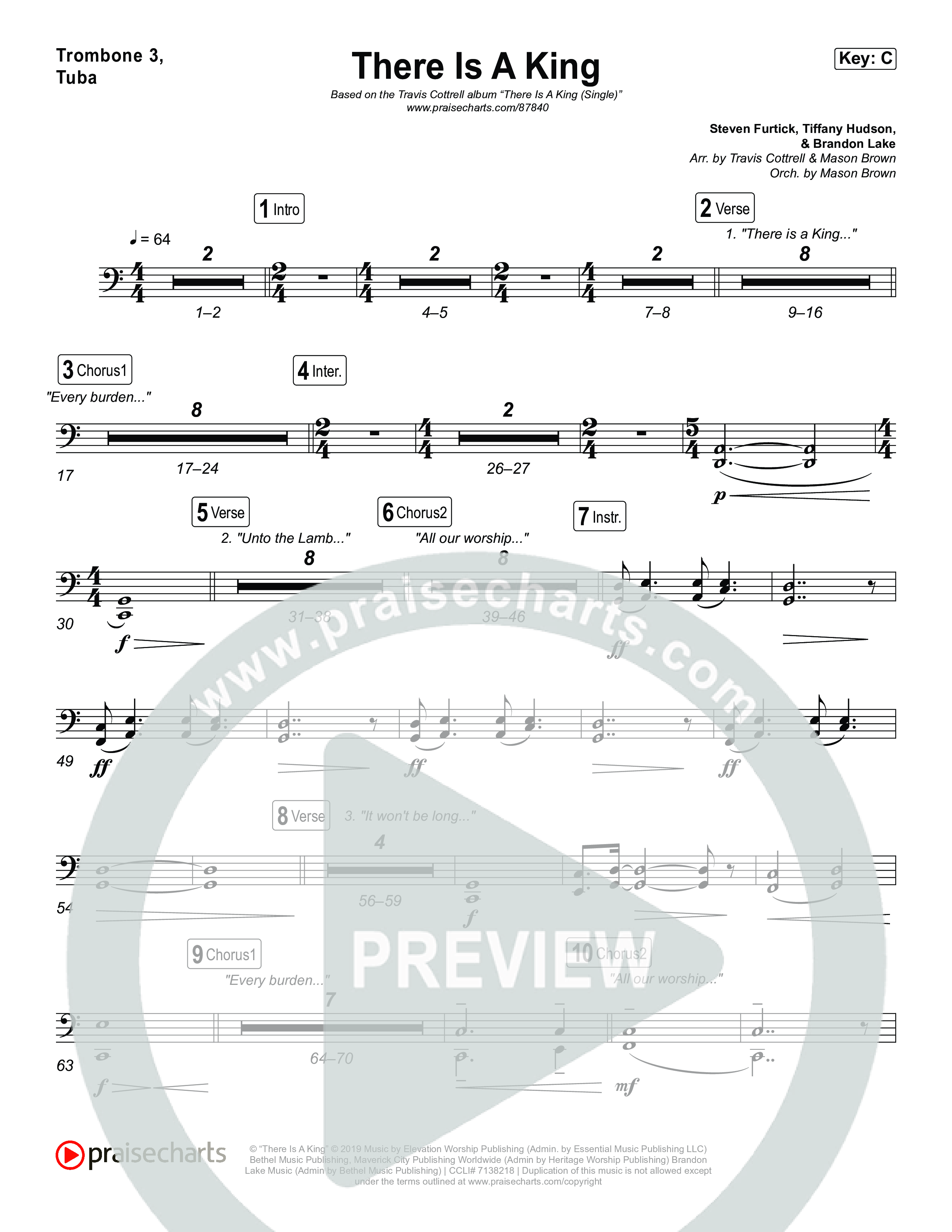 There Is A King (Choral/SATB) Trombone 1,2 (Travis Cottrell / Arr. Mason Brown)