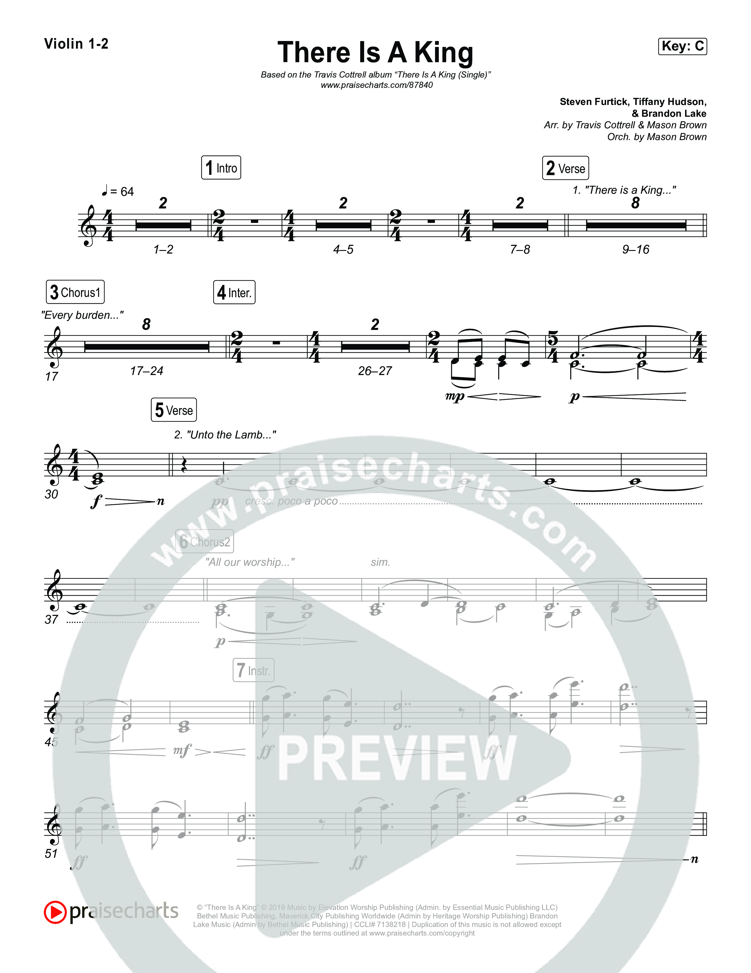 There Is A King (Choral/SATB) Violin 1,2 (Travis Cottrell / Arr. Mason Brown)