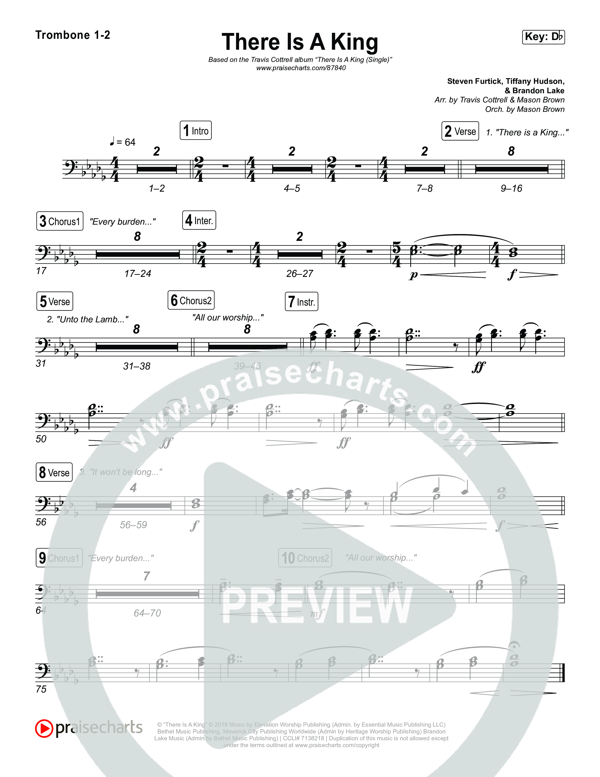 There Is A King (Choral/SATB) Trombone 1,2 (Travis Cottrell / Arr. Mason Brown)