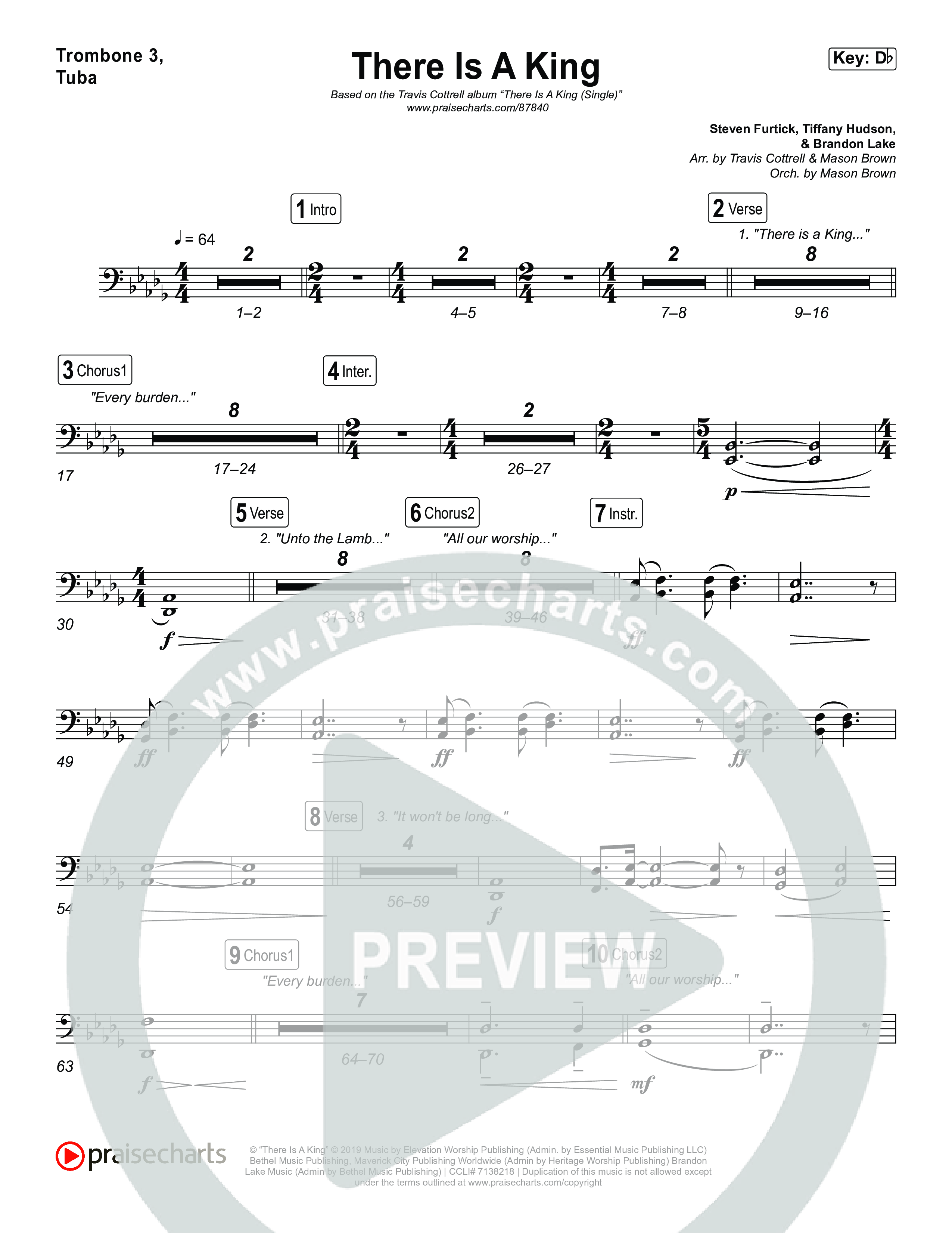 There Is A King (Choral/SATB) Trombone 1,2 (Travis Cottrell / Arr. Mason Brown)