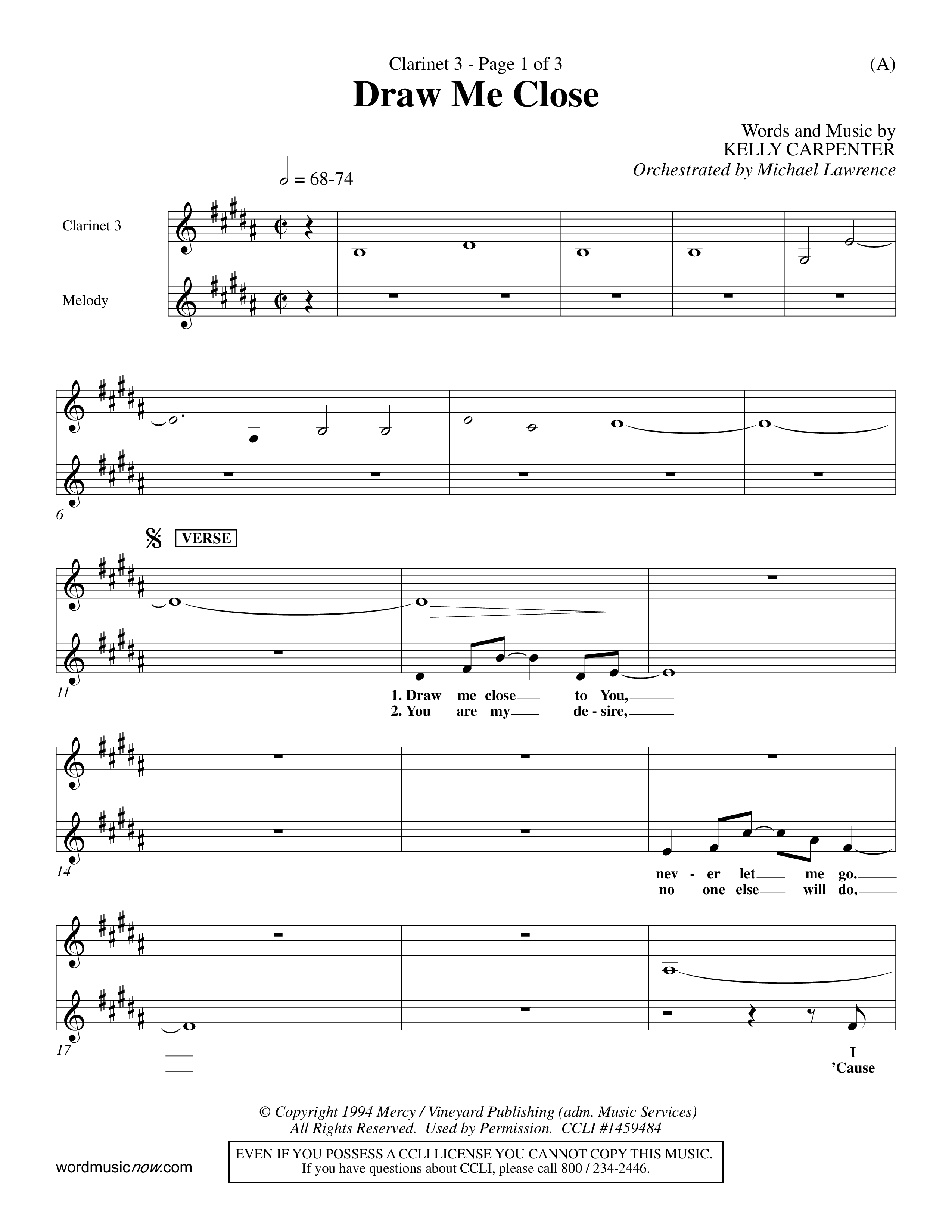 Draw Me Close (Choral Anthem SATB) Clarinet 3 (Word Music Choral / Orch. Michael Lawrence)