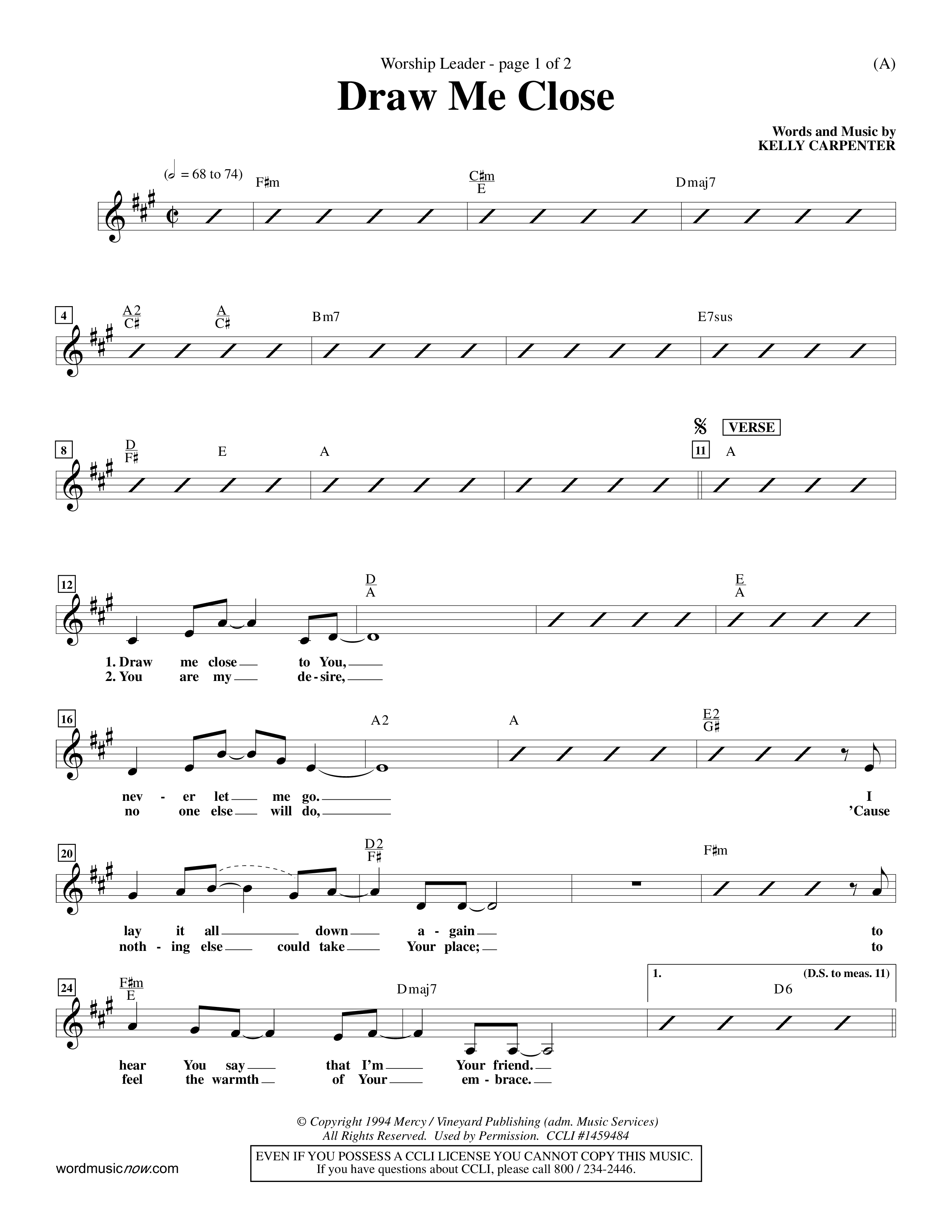 Draw Me Close (Choral Anthem SATB) Lead Sheet (Mel) (Word Music Choral / Orch. Michael Lawrence)
