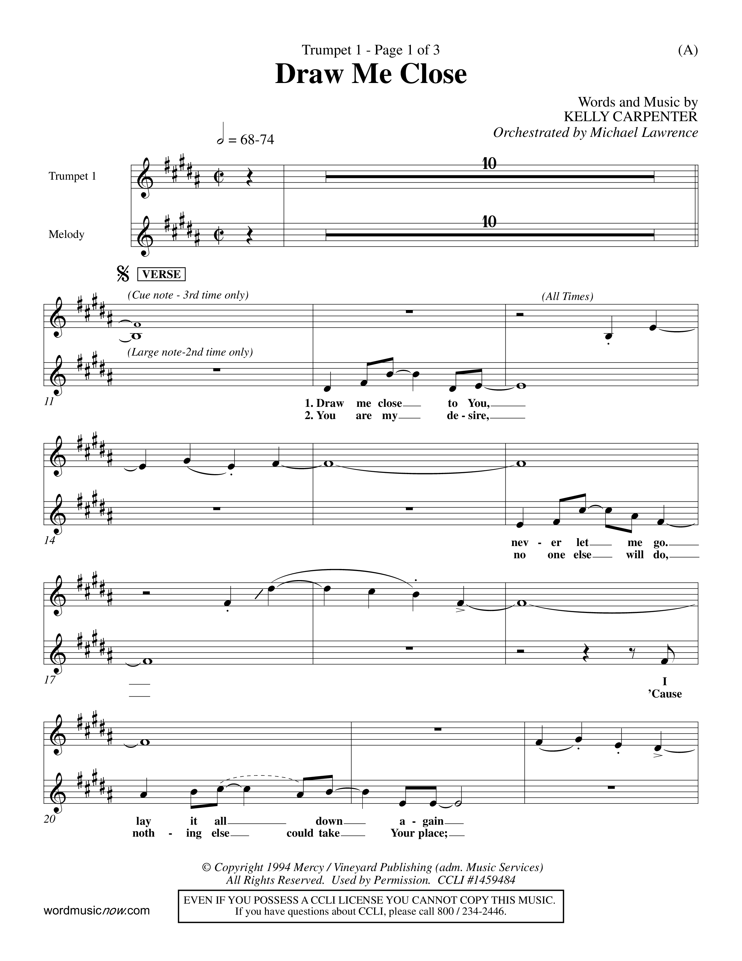 Draw Me Close (Choral Anthem SATB) Trumpet 1 (Word Music Choral / Orch. Michael Lawrence)