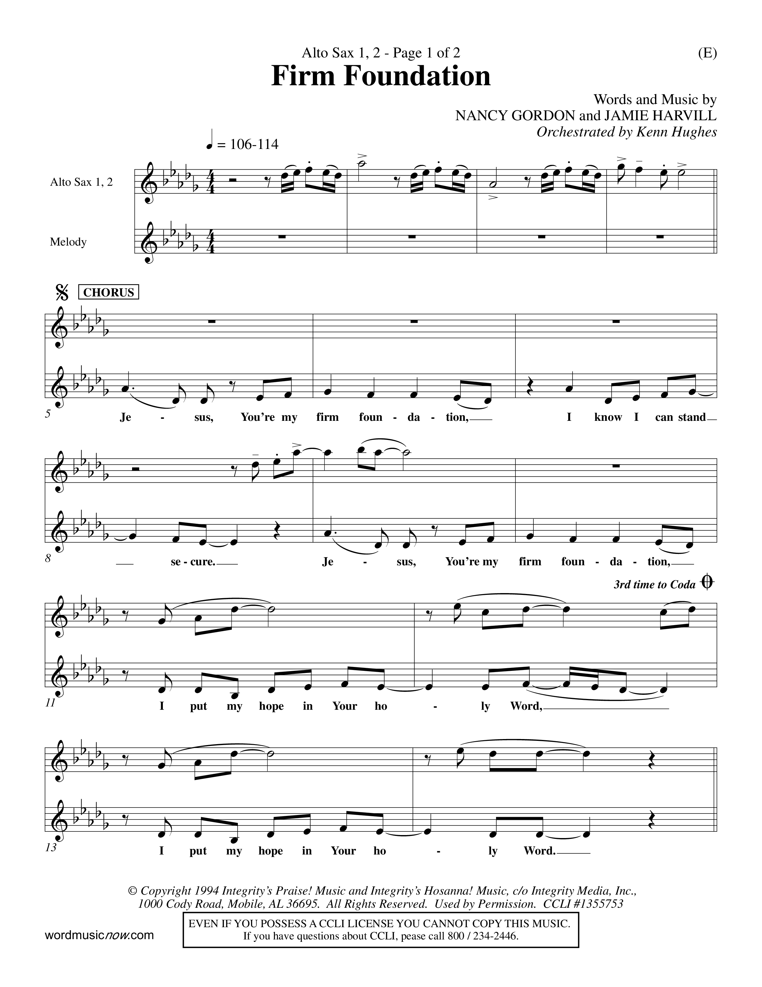 Firm Foundation (Choral Anthem SATB) Alto Sax 1/2 (Word Music Choral / Orch. Kenn Hughes)
