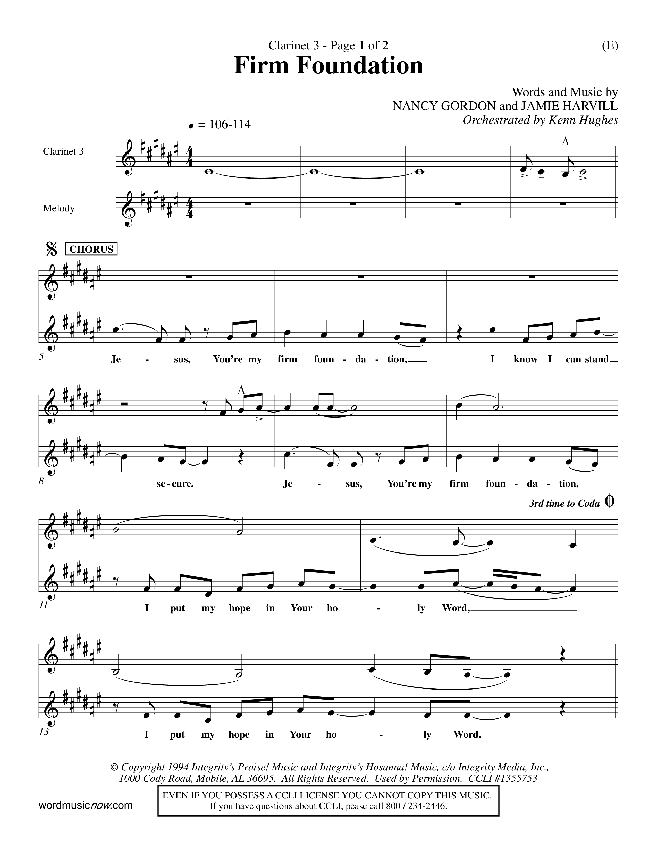 Firm Foundation (Choral Anthem SATB) Clarinet 3 (Word Music Choral / Orch. Kenn Hughes)