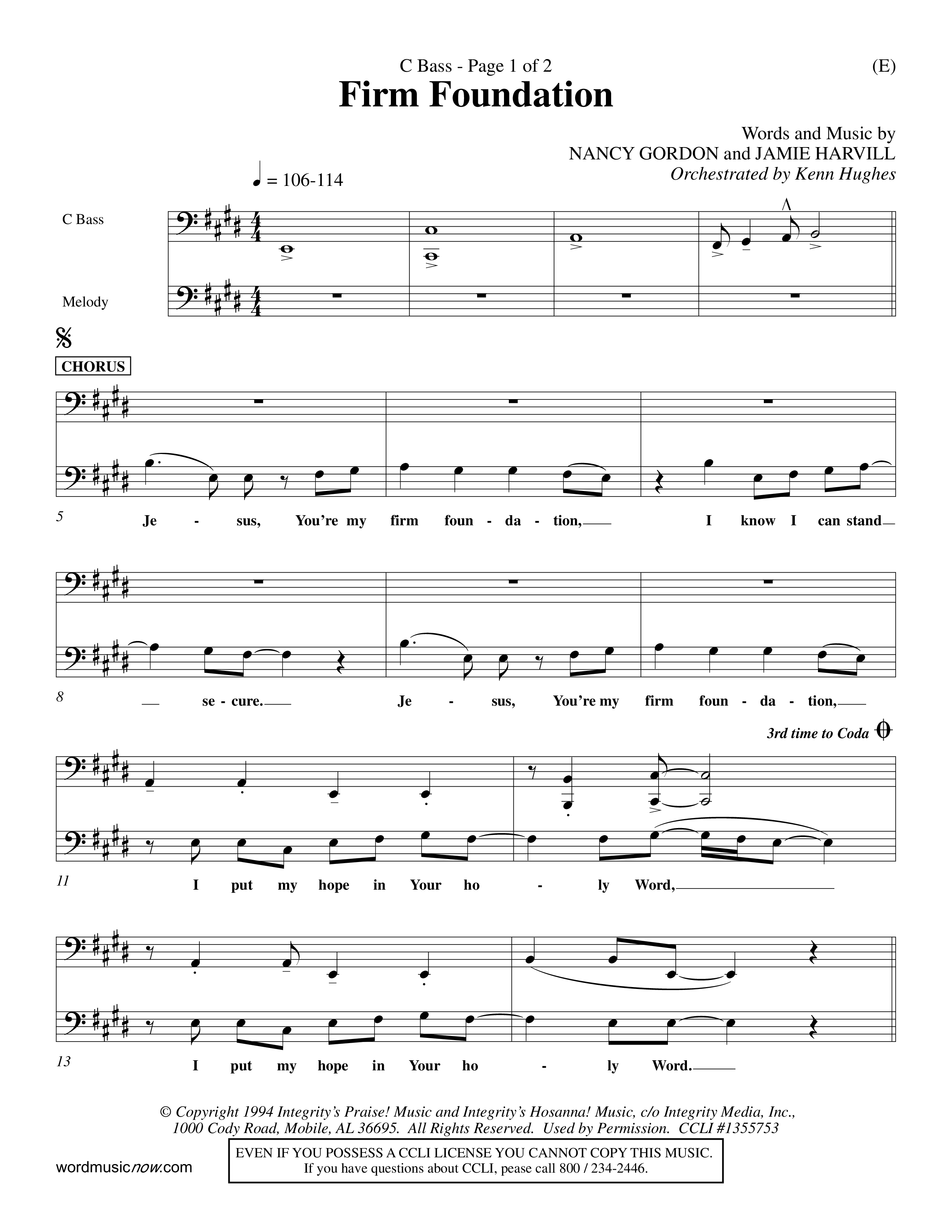 Firm Foundation (Choral Anthem SATB) Contrabass (Word Music Choral / Orch. Kenn Hughes)