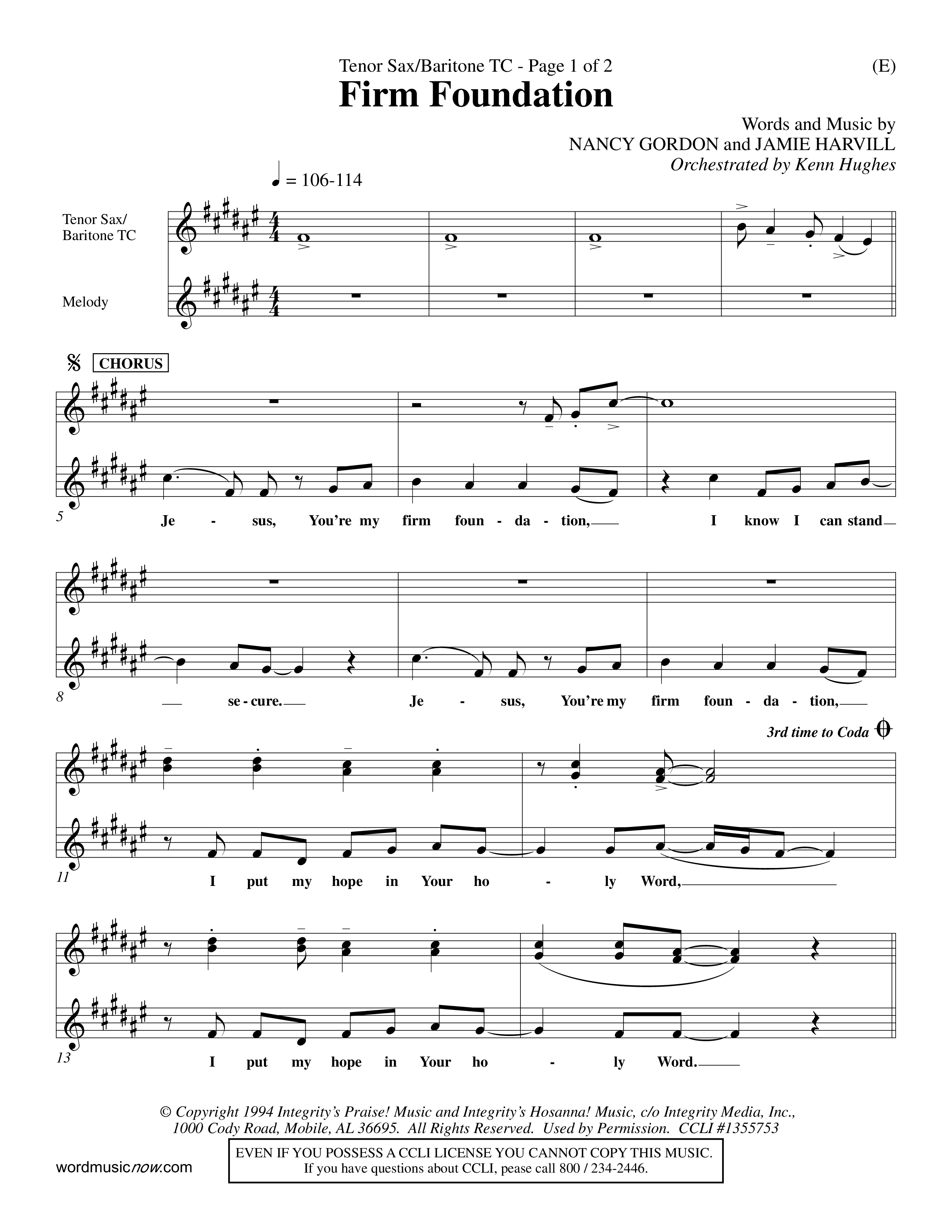 Firm Foundation (Choral Anthem SATB) Tenor Sax/Baritone T.C. (Word Music Choral / Orch. Kenn Hughes)