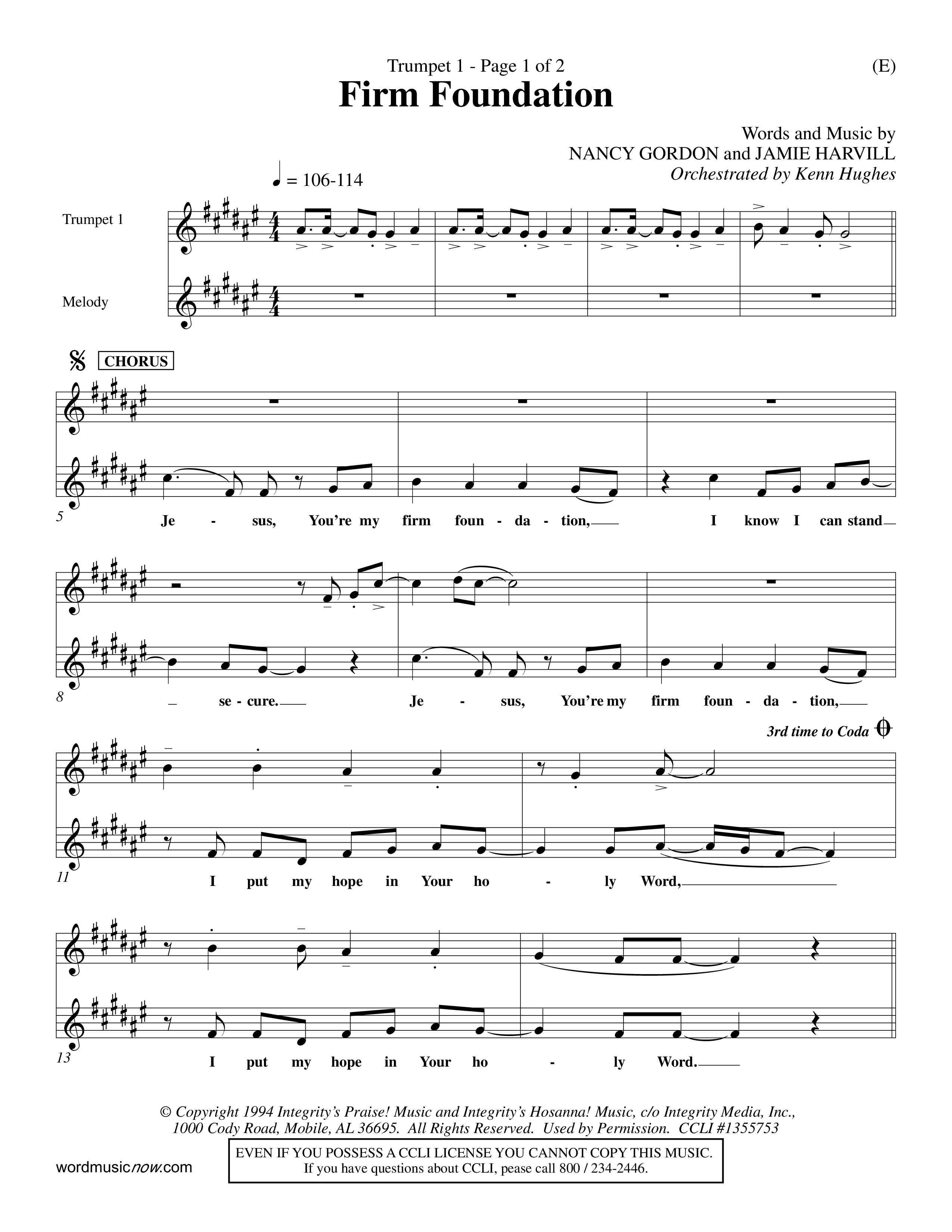 Firm Foundation (Choral Anthem SATB) Trumpet 1 (Word Music Choral / Orch. Kenn Hughes)