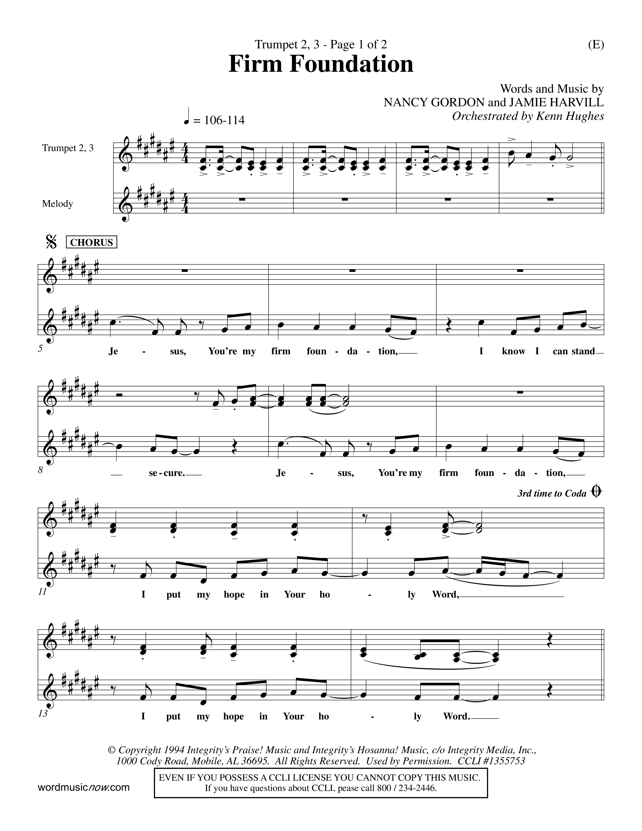 Firm Foundation (Choral Anthem SATB) Trumpet 2/3 (Word Music Choral / Orch. Kenn Hughes)