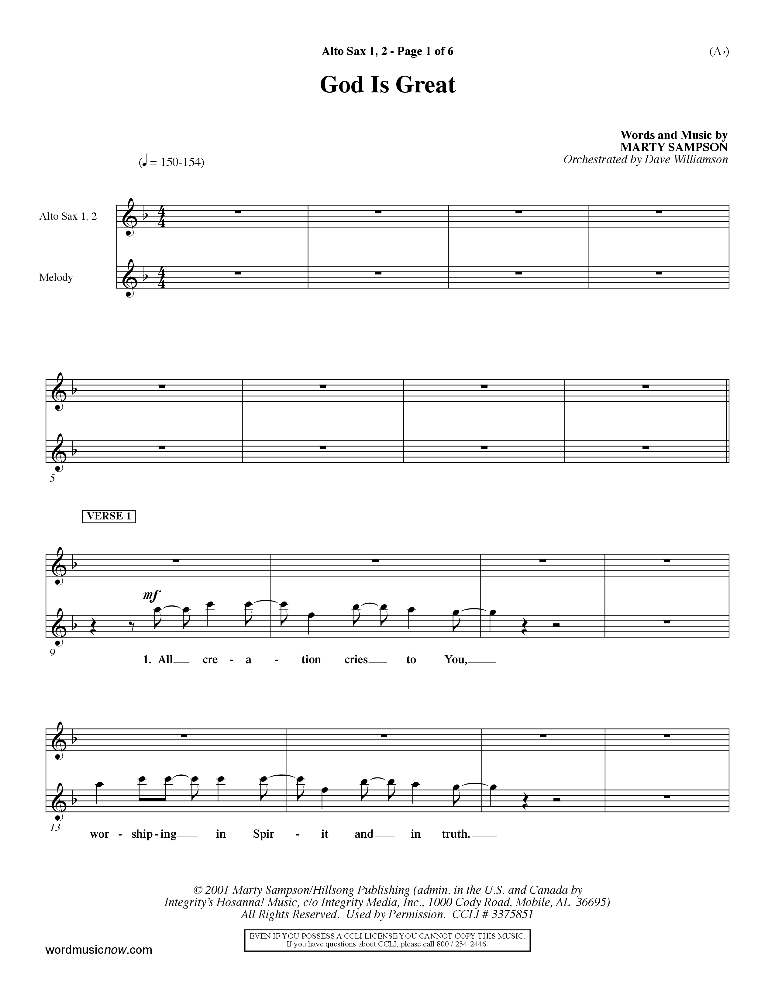 God Is Great (Choral Anthem SATB) Alto Sax 1/2 (Word Music Choral / Orch. Dave Williamson)