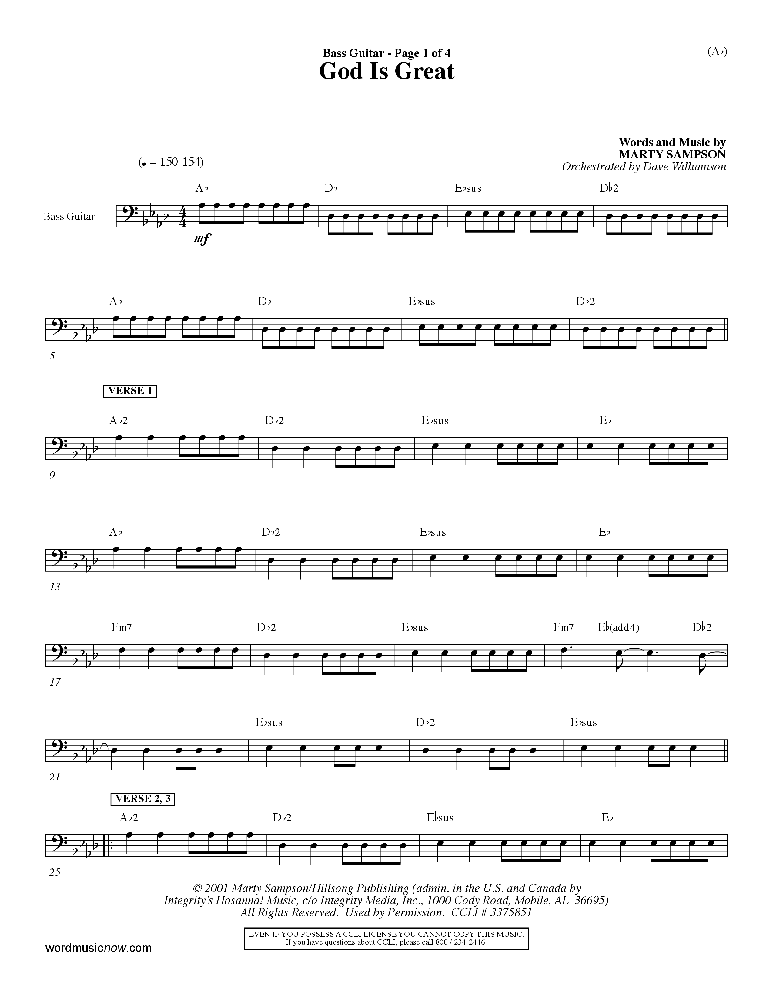 God Is Great (Choral Anthem SATB) Bass Guitar (Word Music Choral / Orch. Dave Williamson)