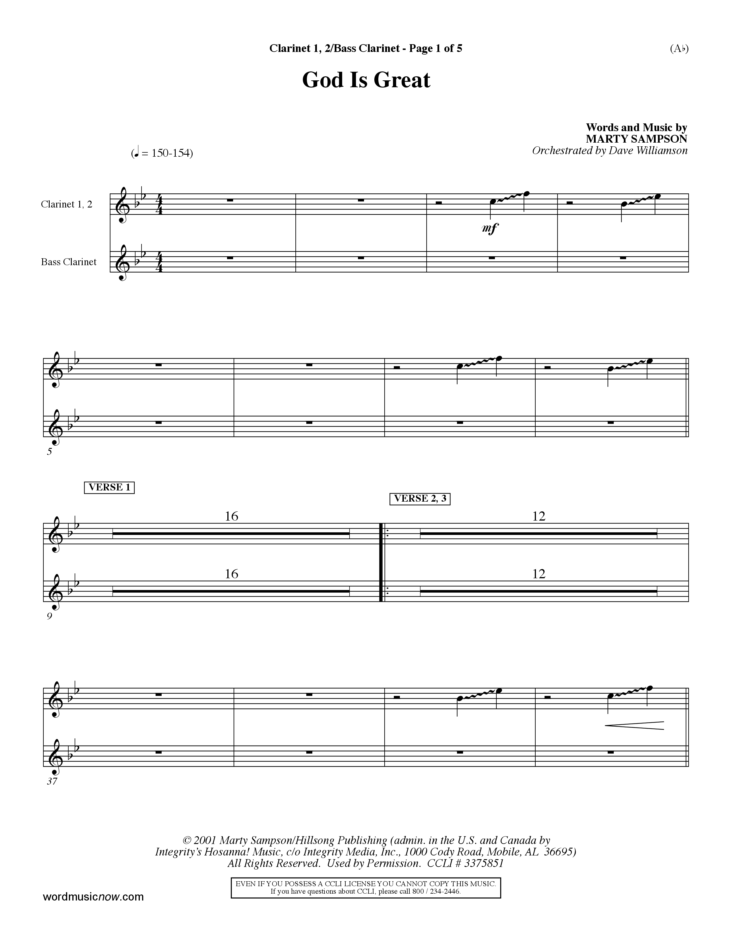 God Is Great (Choral Anthem SATB) Clarinet 1/2, Bass Clarinet (Word Music Choral / Orch. Dave Williamson)