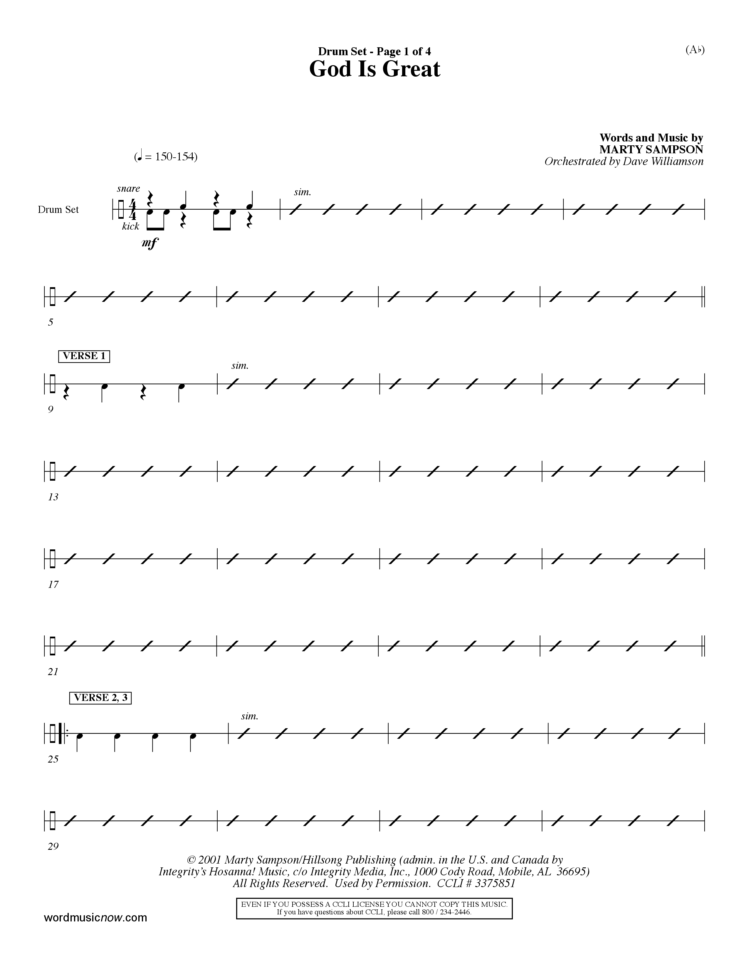 God Is Great (Choral Anthem SATB) Drum Set (Word Music Choral / Orch. Dave Williamson)