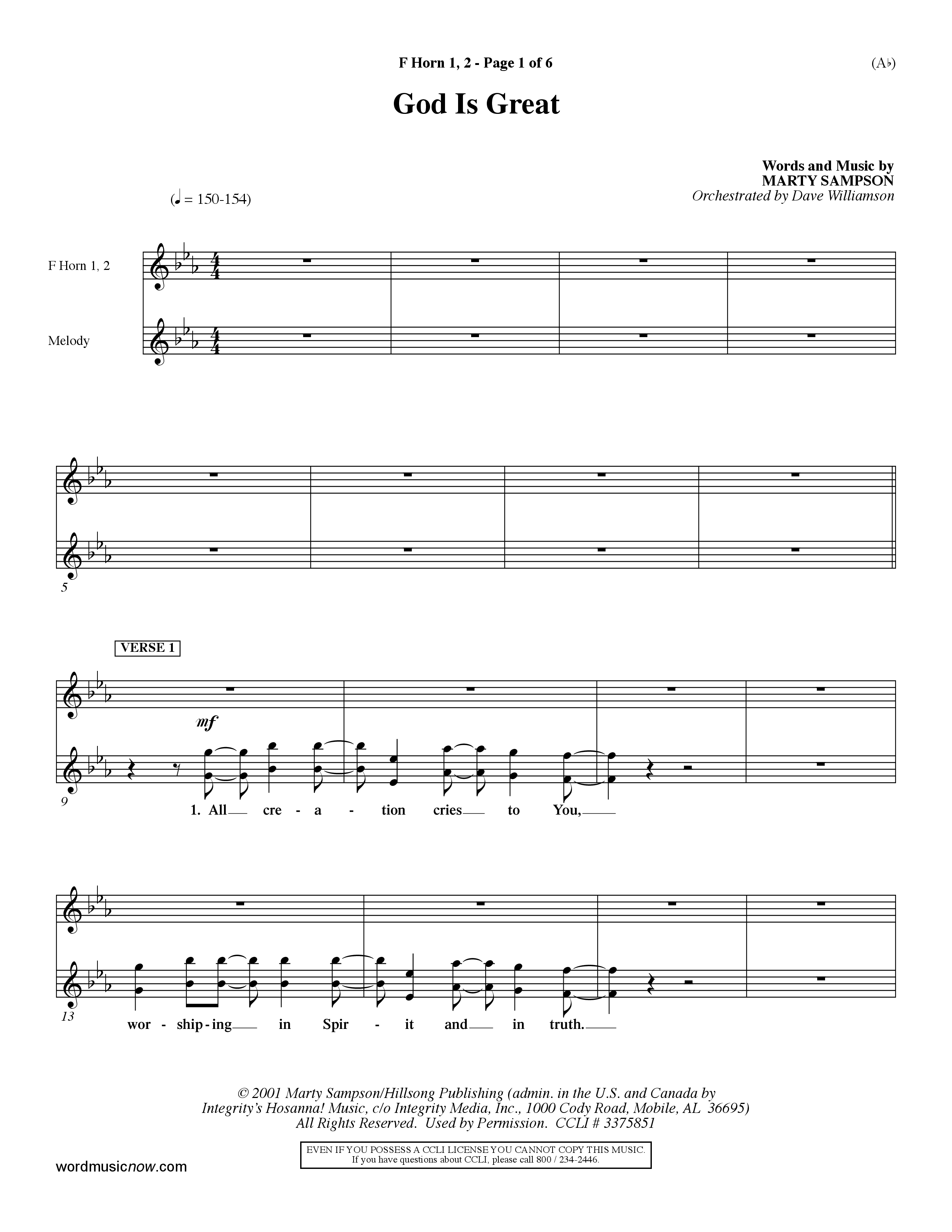 God Is Great (Choral Anthem SATB) French Horn (Word Music Choral / Orch. Dave Williamson)